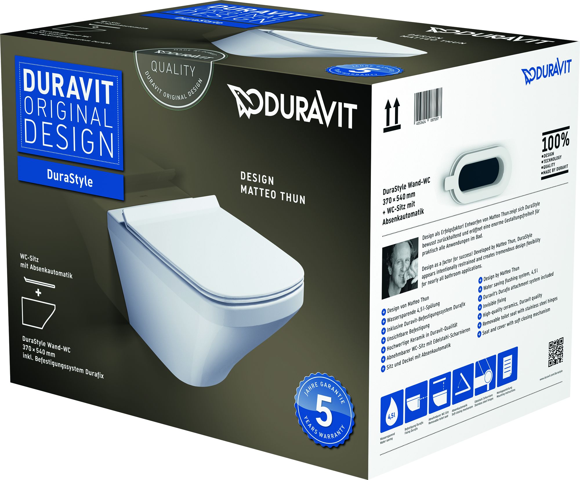 Duravit DuraStyle cuvette wc avec abattant à descente lente suspendue blanc 45520900A1
