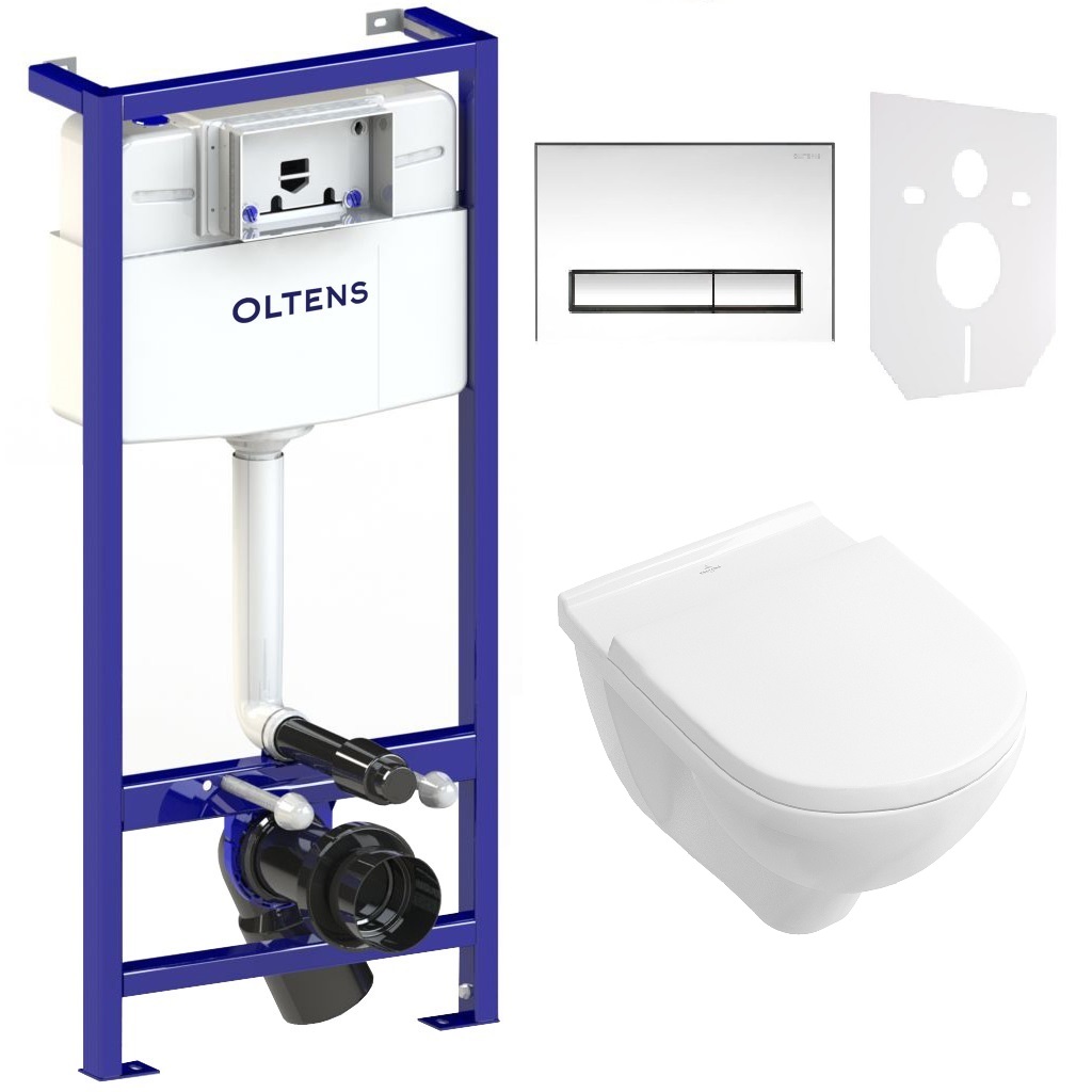 Set châssis encastré avec bouton et joint Oltens Triberg 58300100, ensemble Combi-Pack avec abattant Villeroy & Boch O.Novo 5660HR01