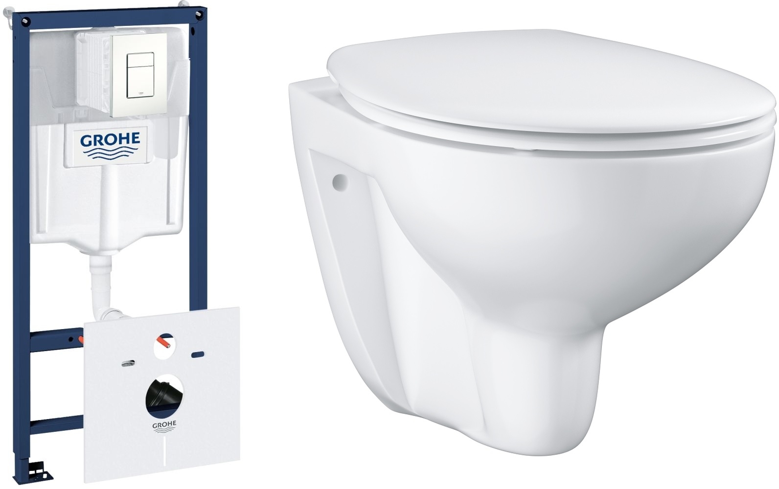 Set châssis encastré avec bouton de chasse d'eau Grohe Rapid SL 39448000, cuvette WC avec abattant à descente lente Grohe Bau Ceramic 39351000