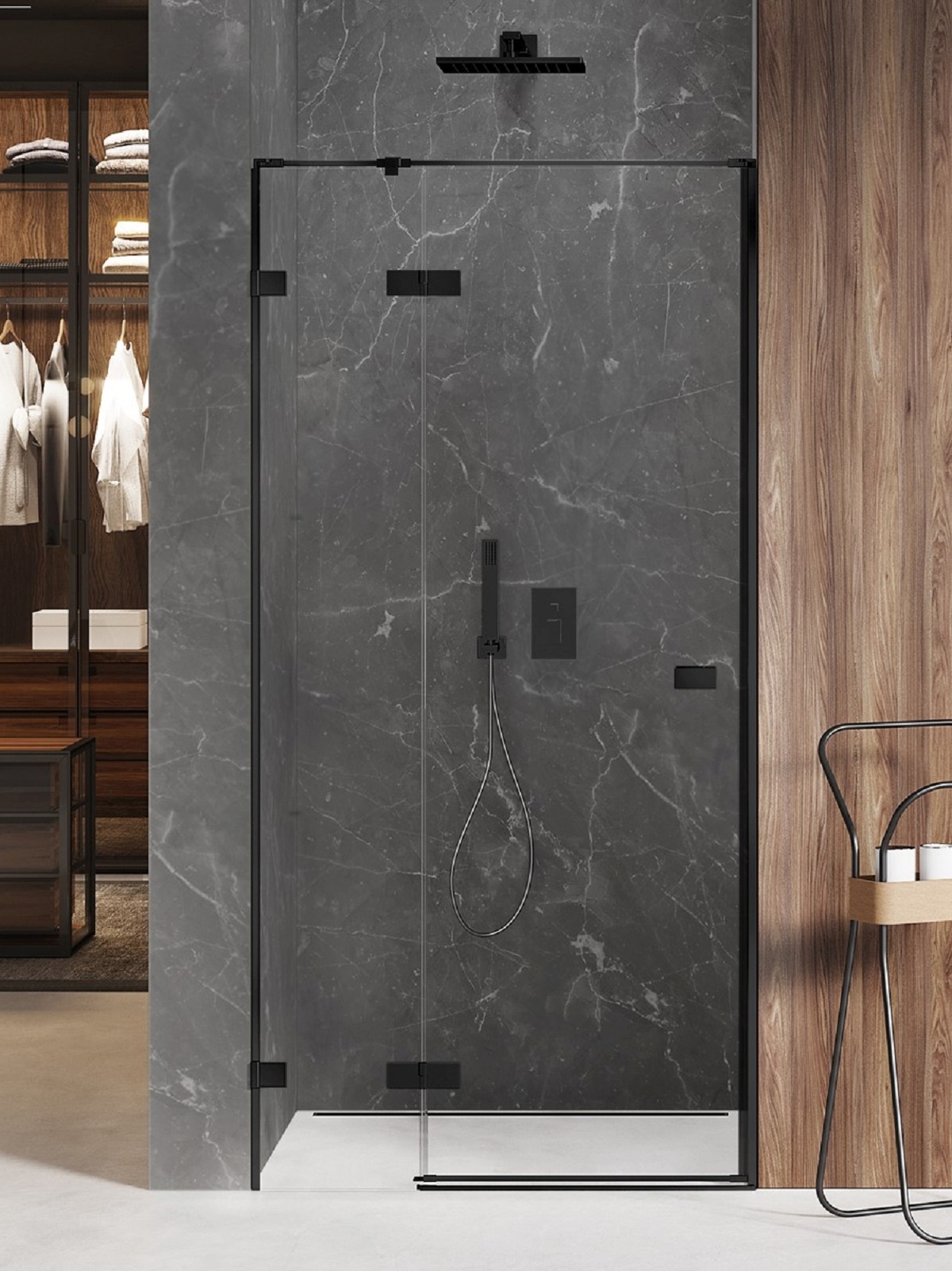 New Trendy Avexa Black porte de douche 140 cm à ouverture basculante noir mat/verre transparent EXK-1558