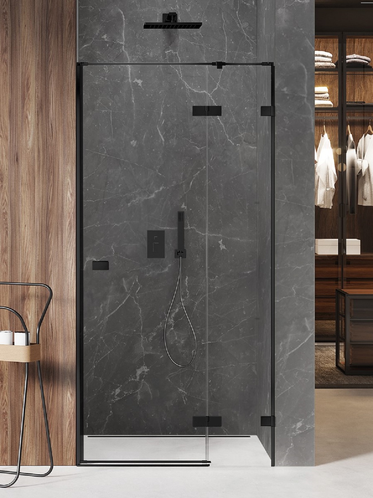 New Trendy Avexa Black porte de douche 140 cm à ouverture basculante noir mat/verre transparent EXK-1559