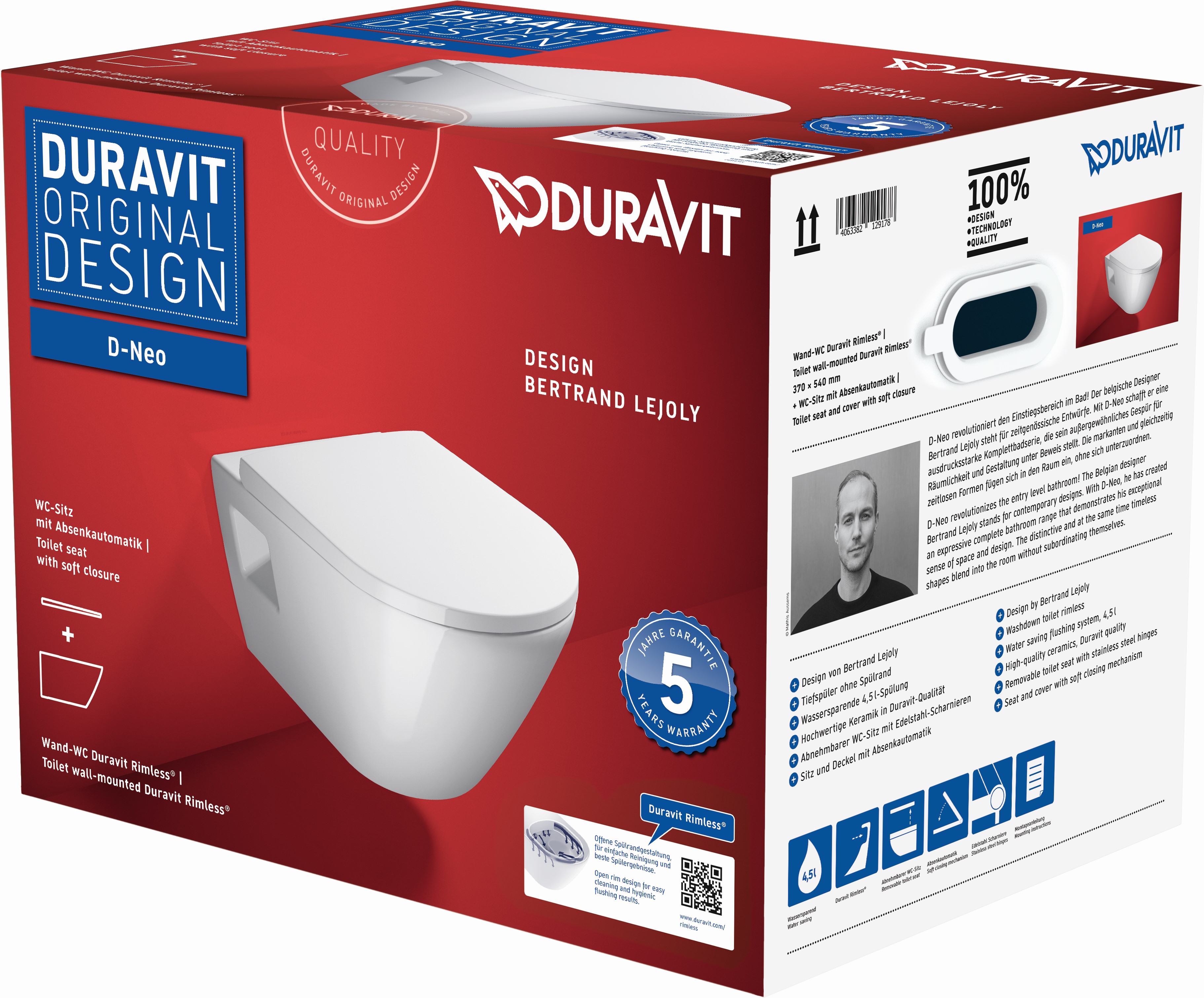 Duravit D-Neo cuvette wc avec abattant à descente lente suspendue oui blanc 45780900A1