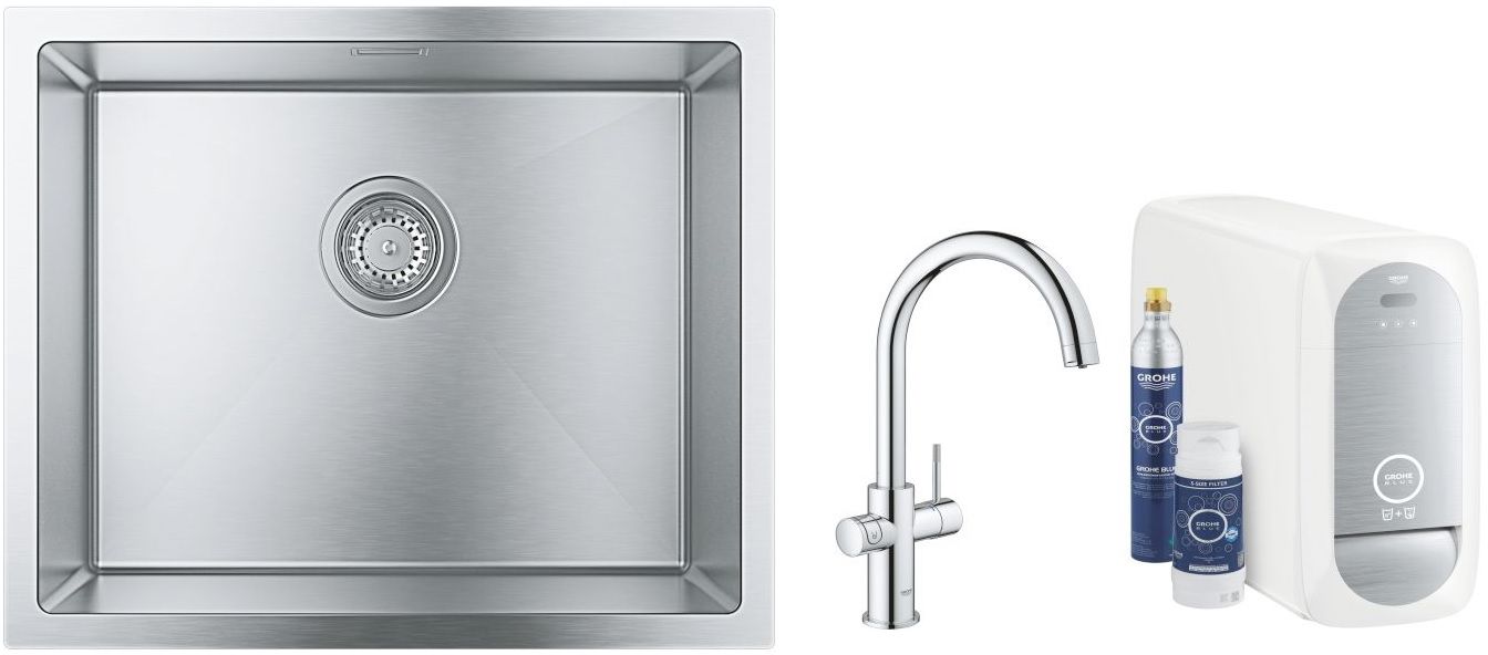Set mitigeur de cuisine avec filtre Grohe Blue 31455001, évier en acier inoxydable Grohe K700 31726SD0