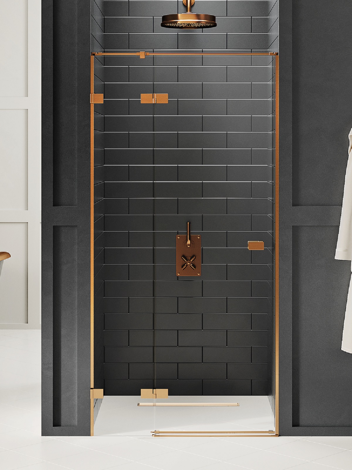 New Trendy Avexa Copper Brushed porte de douche 140 cm à ouverture basculante cuivre brossé/verre transparent EXK-3543