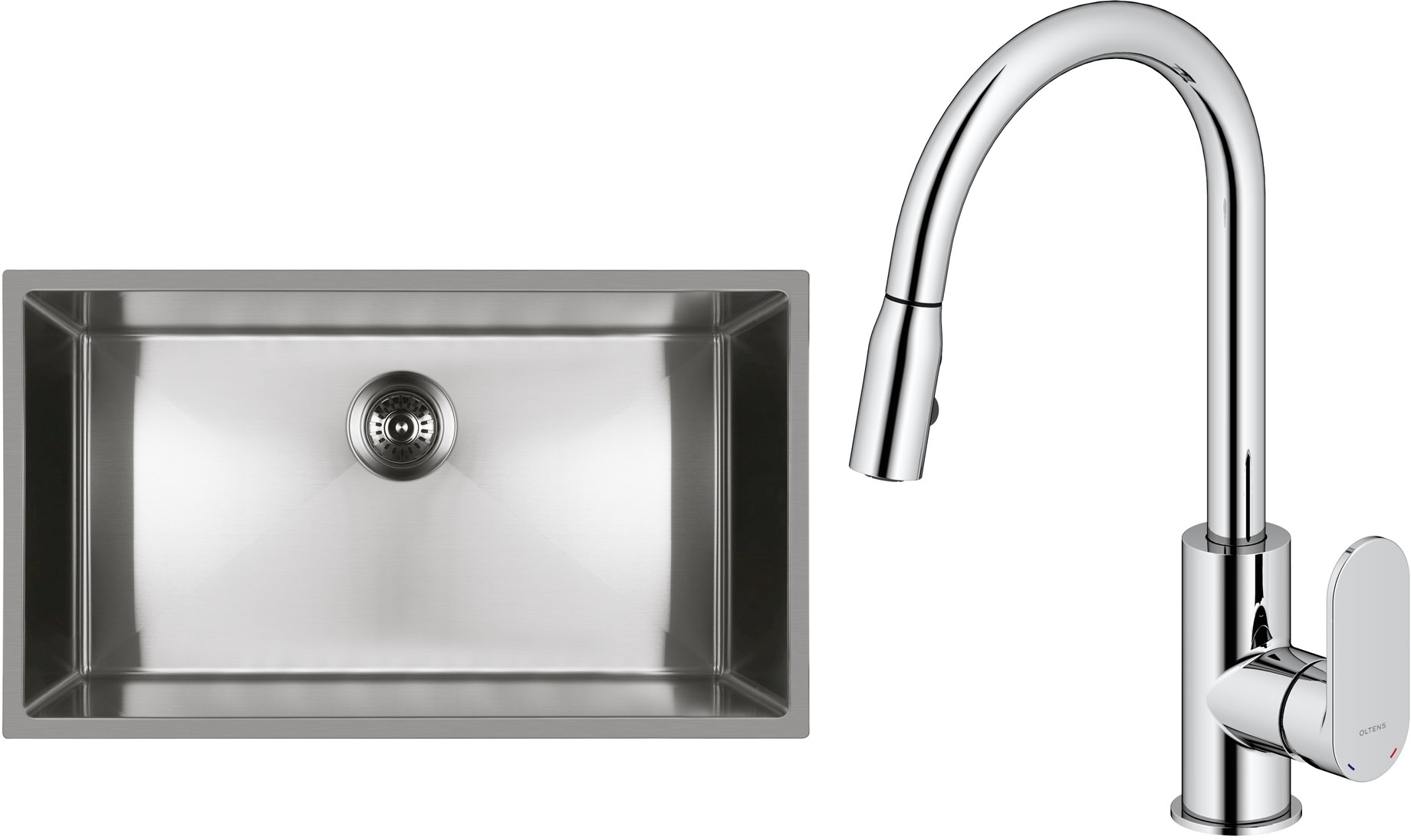 Set évier en acier inoxydable Oltens Stalvask 71102100, mitigeur de cuisine Oltens Lista 35202100