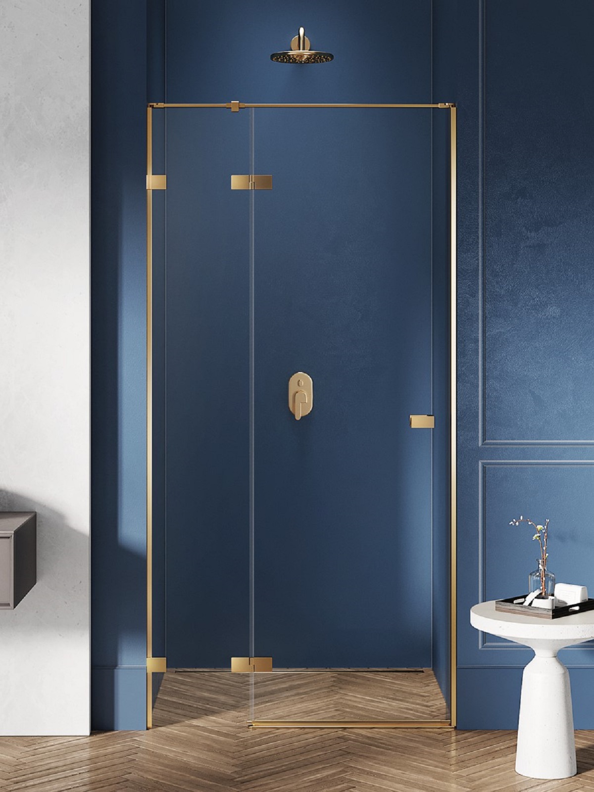 New Trendy Avexa Gold Brushed porte de douche 140 cm à ouverture basculante doré brossé/verre transparent EXK-1726