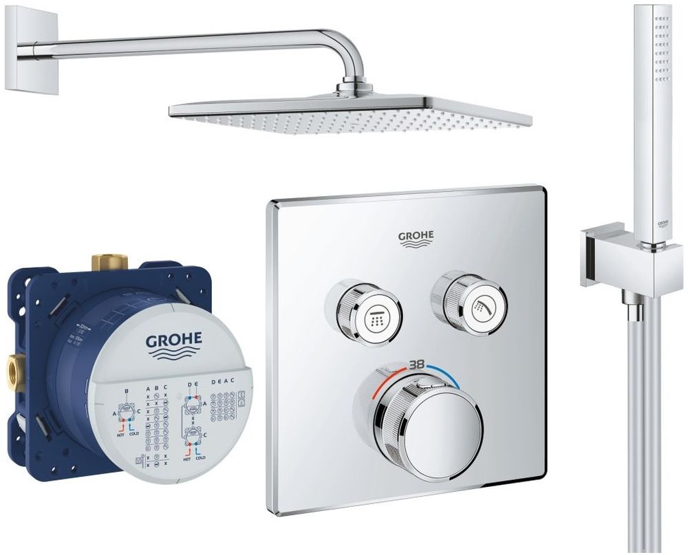 Set mitigeur bain-douche Grohe Grohtherm SmartControl 29124000, douche à effet de pluie avec bras Grohe Rainshower 26564000, 26405000, 35600000