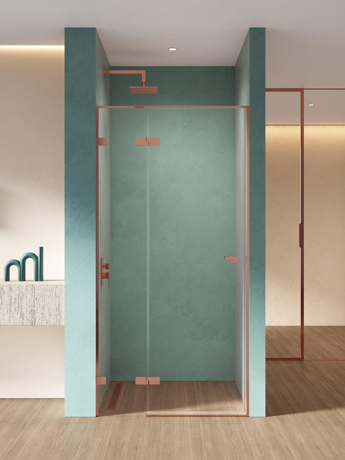 New Trendy Eventa Copper Shine porte de douche 110 cm à ouverture basculante cuivre brillant/verre transparent EXK-6358