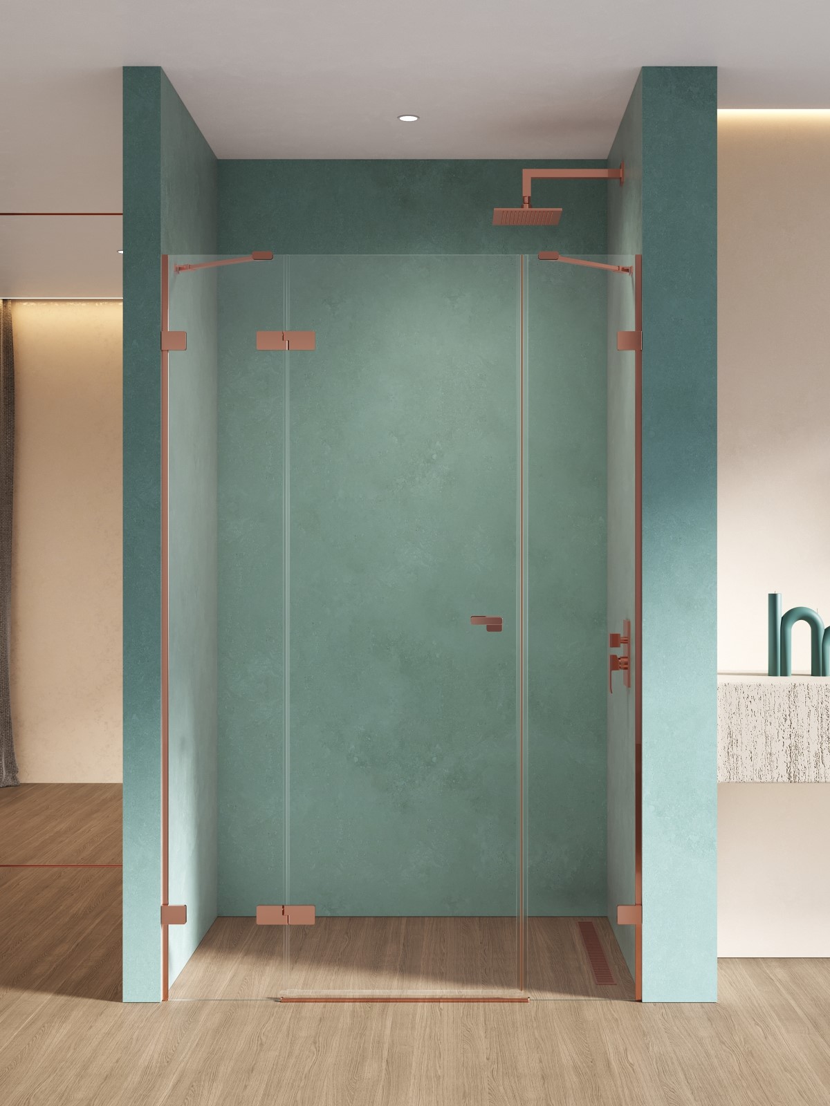 New Trendy Eventa Copper Shine porte de douche 150 cm à ouverture basculante cuivre brillant/verre transparent EXK-6366