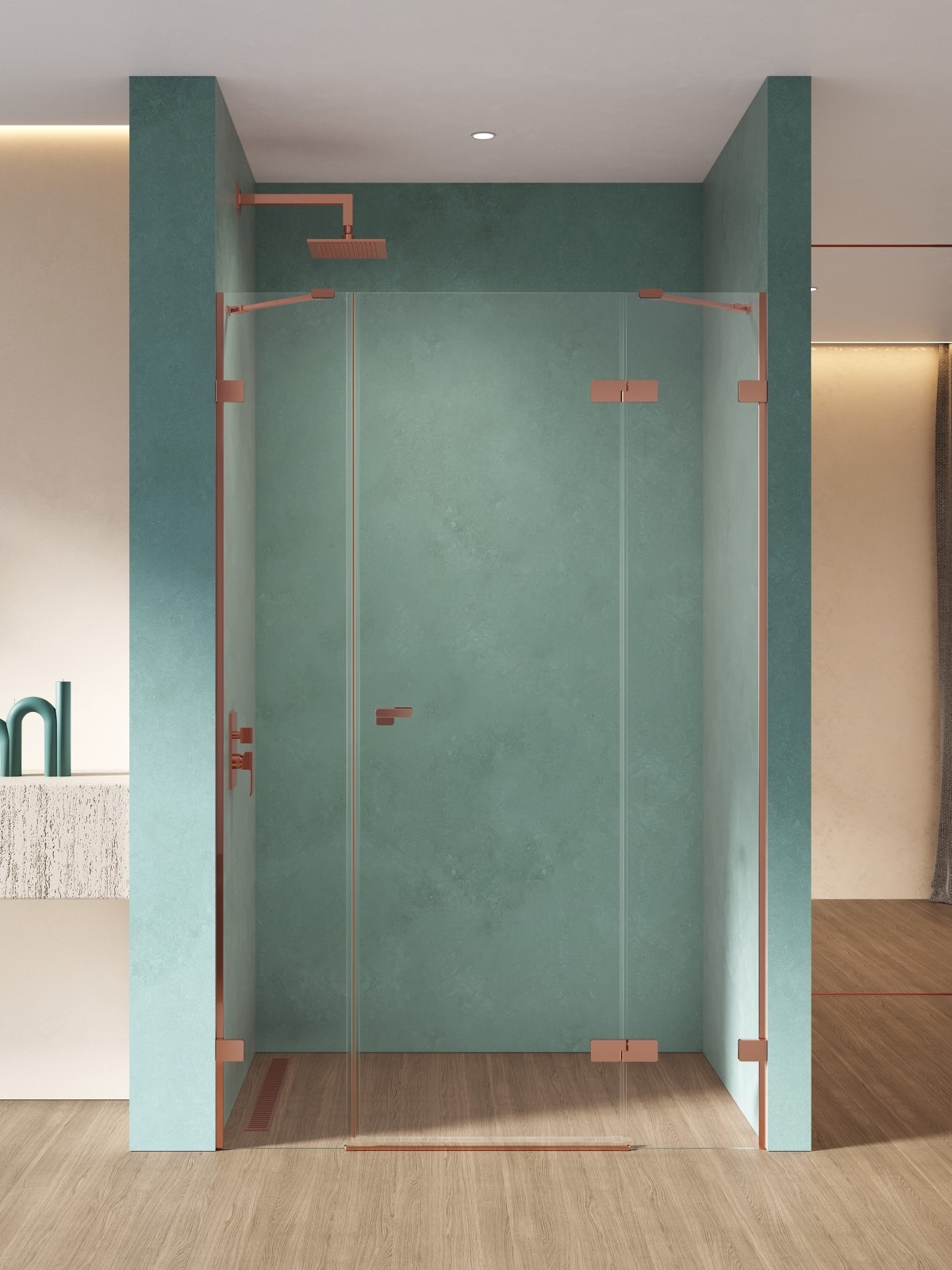 New Trendy Eventa Copper Shine porte de douche 170 cm à ouverture basculante cuivre brillant/verre transparent EXK-6369