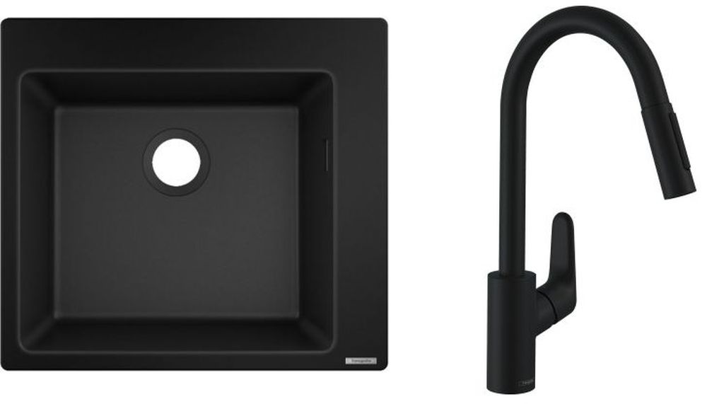 Set mitigeur de cuisine Hansgrohe Focus 31815670, évier en granit Hansgrohe S 51 43312170