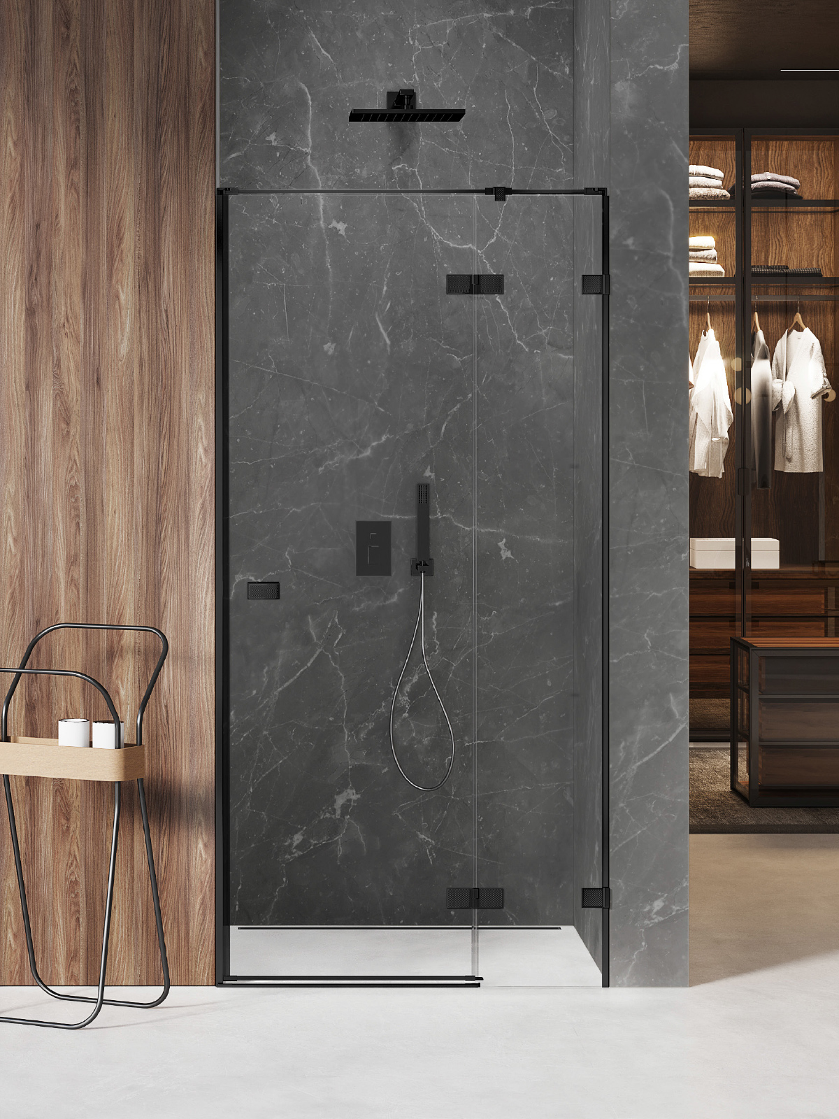 New Trendy Avexa Black XR porte de douche 130 cm à ouverture basculante noir mat/verre transparent EXK-6846