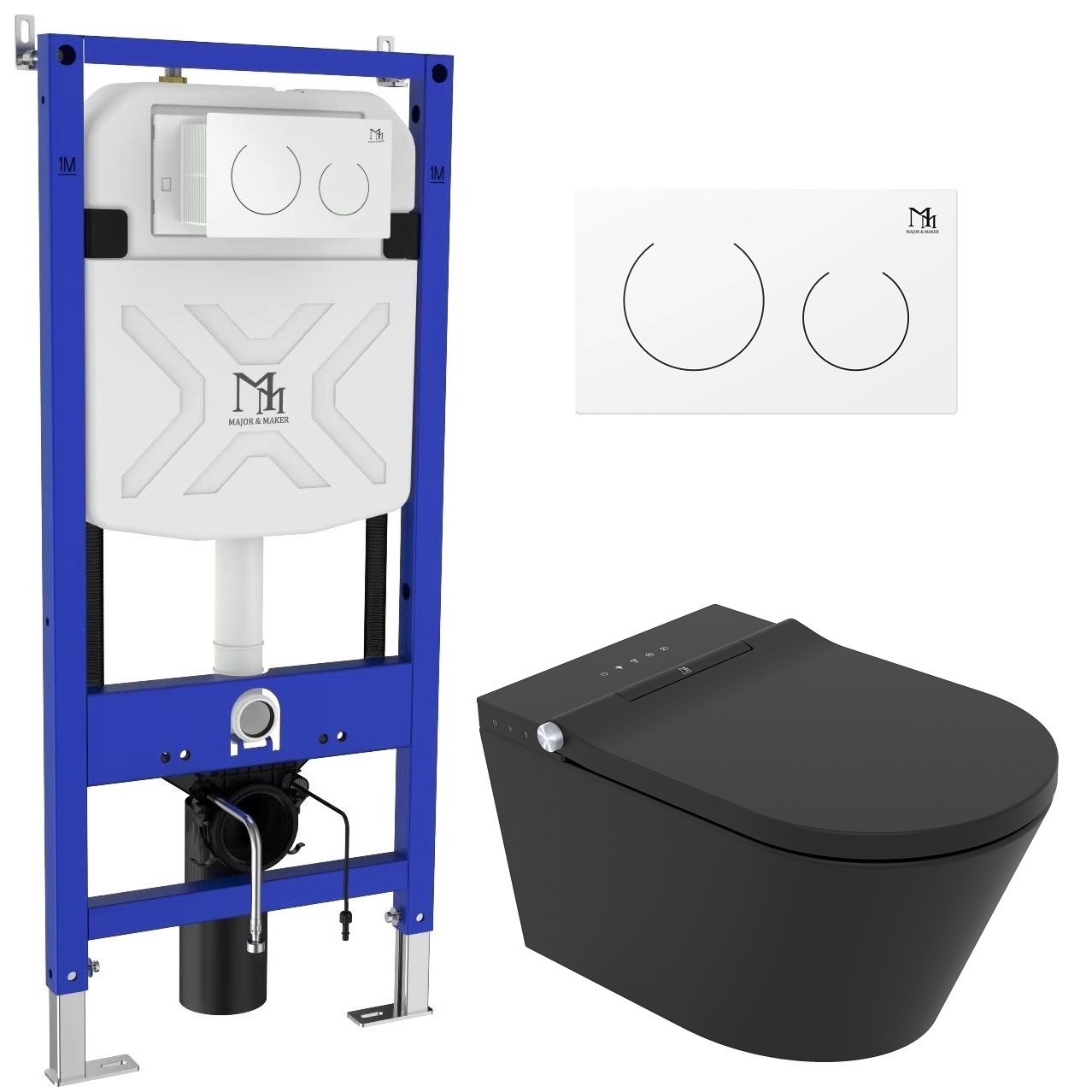 Major&Maker Black Pearl + Coral White wc lavant avec bâti-support suspendue sans collerette noir 4030FS200302W