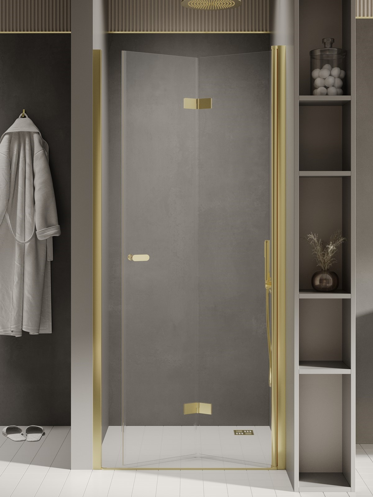 New Trendy New Soleo Light Gold porte de douche 80 cm pliable doré brillant/verre transparent D-0463A