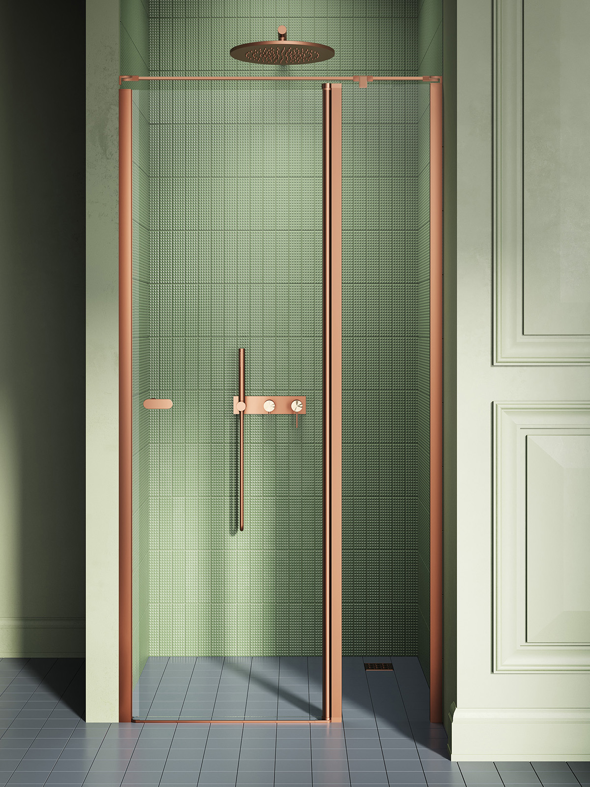 New Trendy New Soleo Copper Brushed porte de douche 90 cm à ouverture basculante cuivre brossé/verre transparent D-0521A-WK