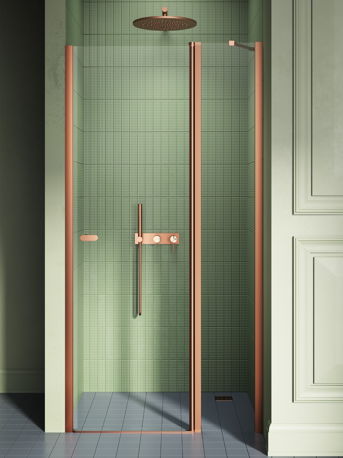 New Trendy New Soleo Copper Brushed porte de douche 90 cm à ouverture basculante cuivre brossé/verre transparent D-0521A