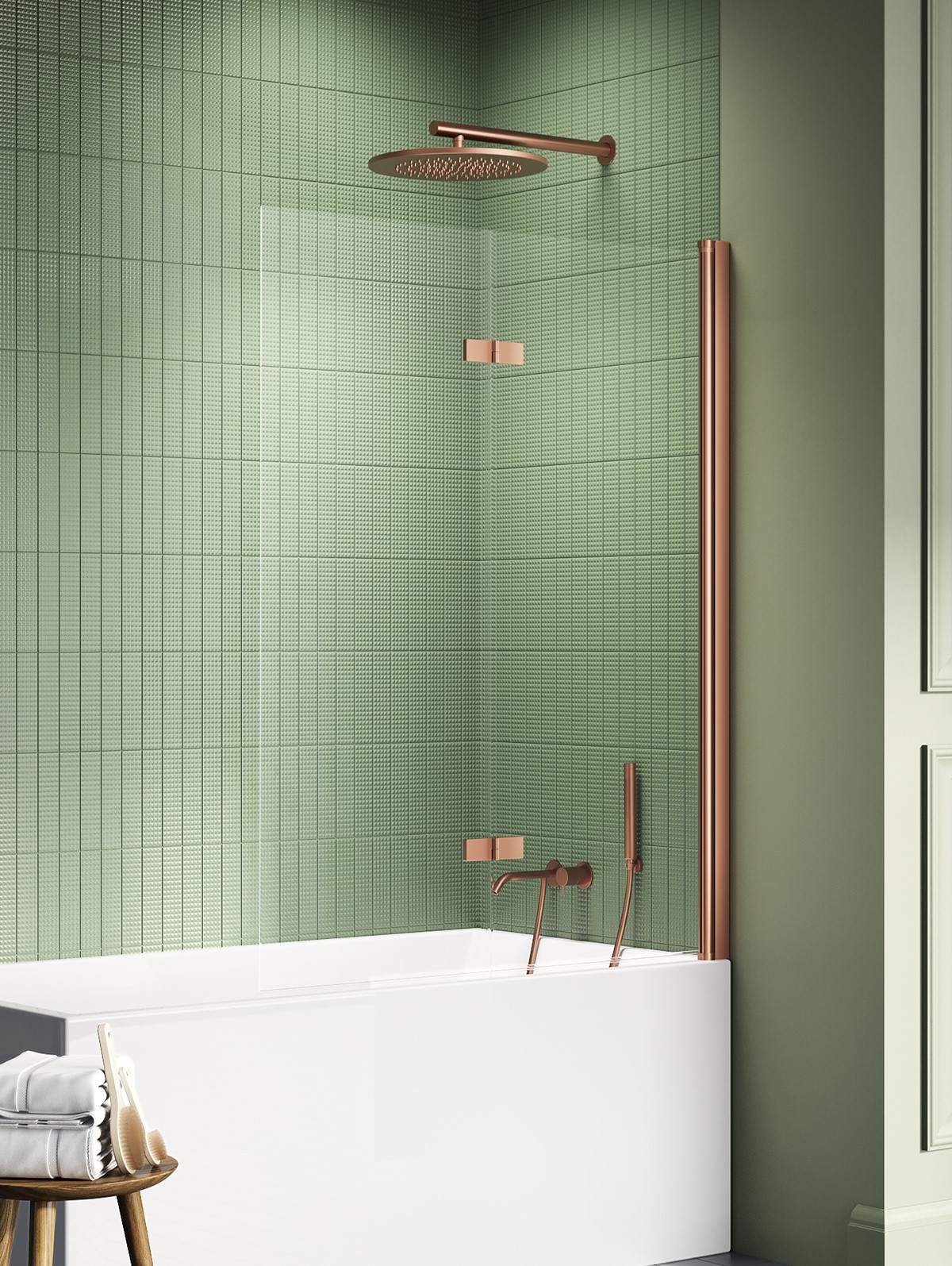 New Trendy New Soleo Copper Brushed paroi de baignoire 120 cm deux pièces cuivre brossé/verre transparent P-0126
