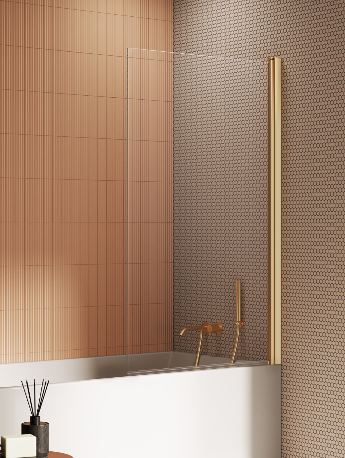 New Trendy New Soleo Gold Brushed paroi de baignoire 80 cm monobloc doré brossé/verre transparent P-0180