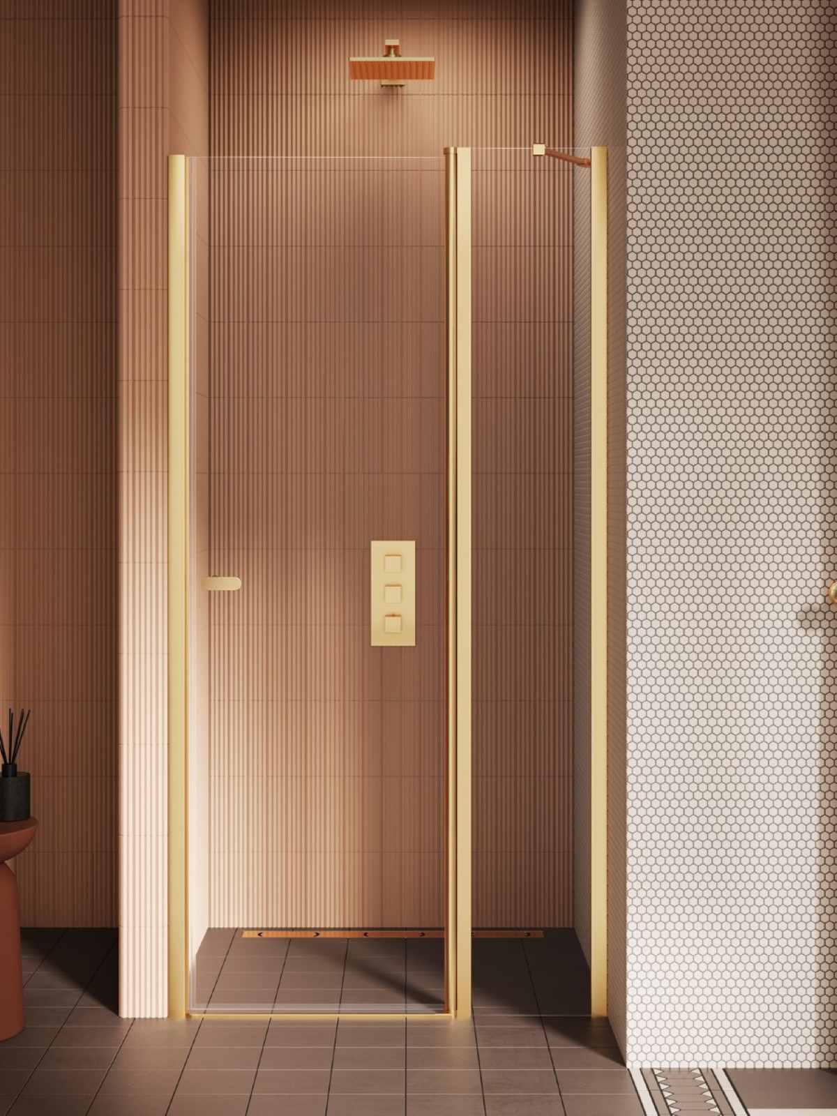 New Trendy New Soleo porte de douche 90 cm à ouverture basculante doré brossé/verre transparent D-0771A