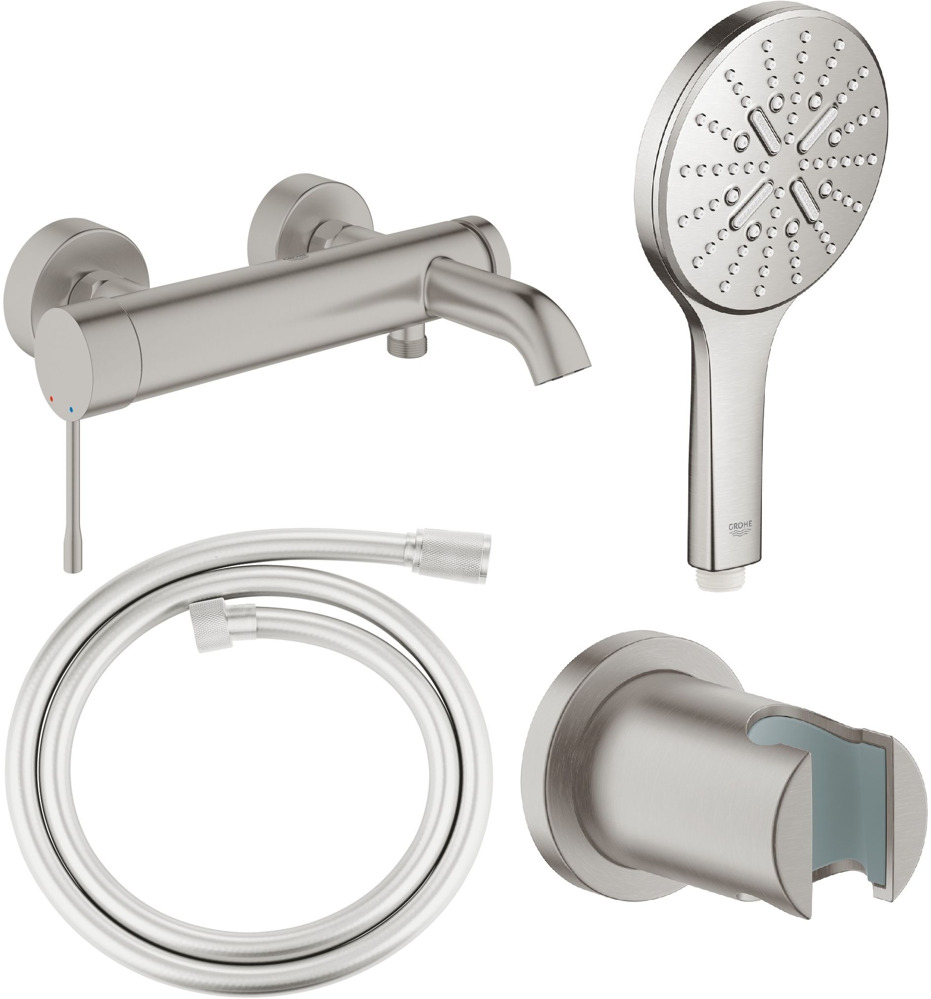 Set mitigeur bain-douche Grohe Essence 33624DC1, pommeau de douche Grohe Rainshower 26574DC0, 27074DC0, 28362DC1