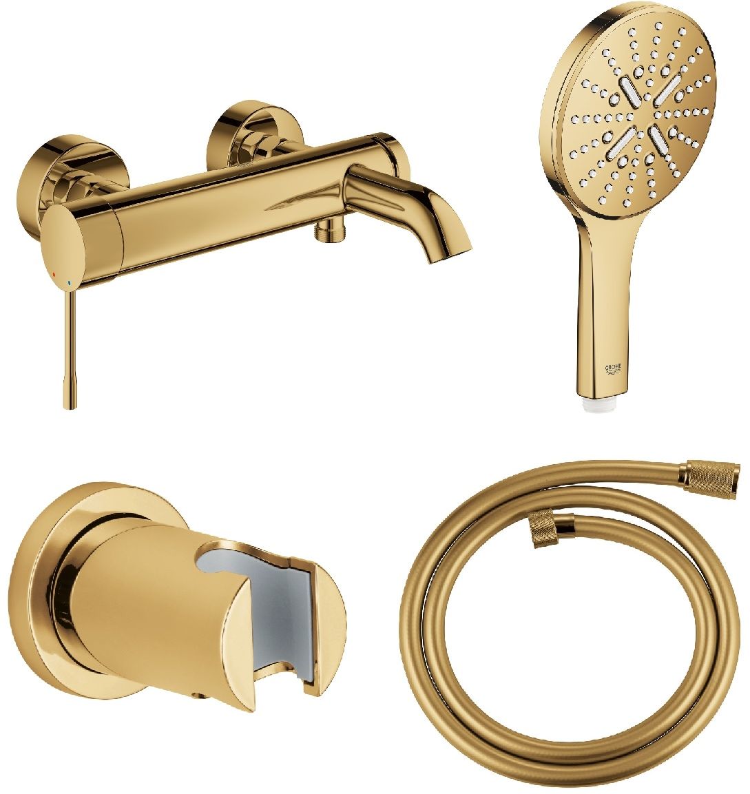 Set mitigeur bain-douche Grohe Essence 33624GL1, pommeau de douche Grohe Rainshower 26574GL0, 27074GL0, 28362GL1