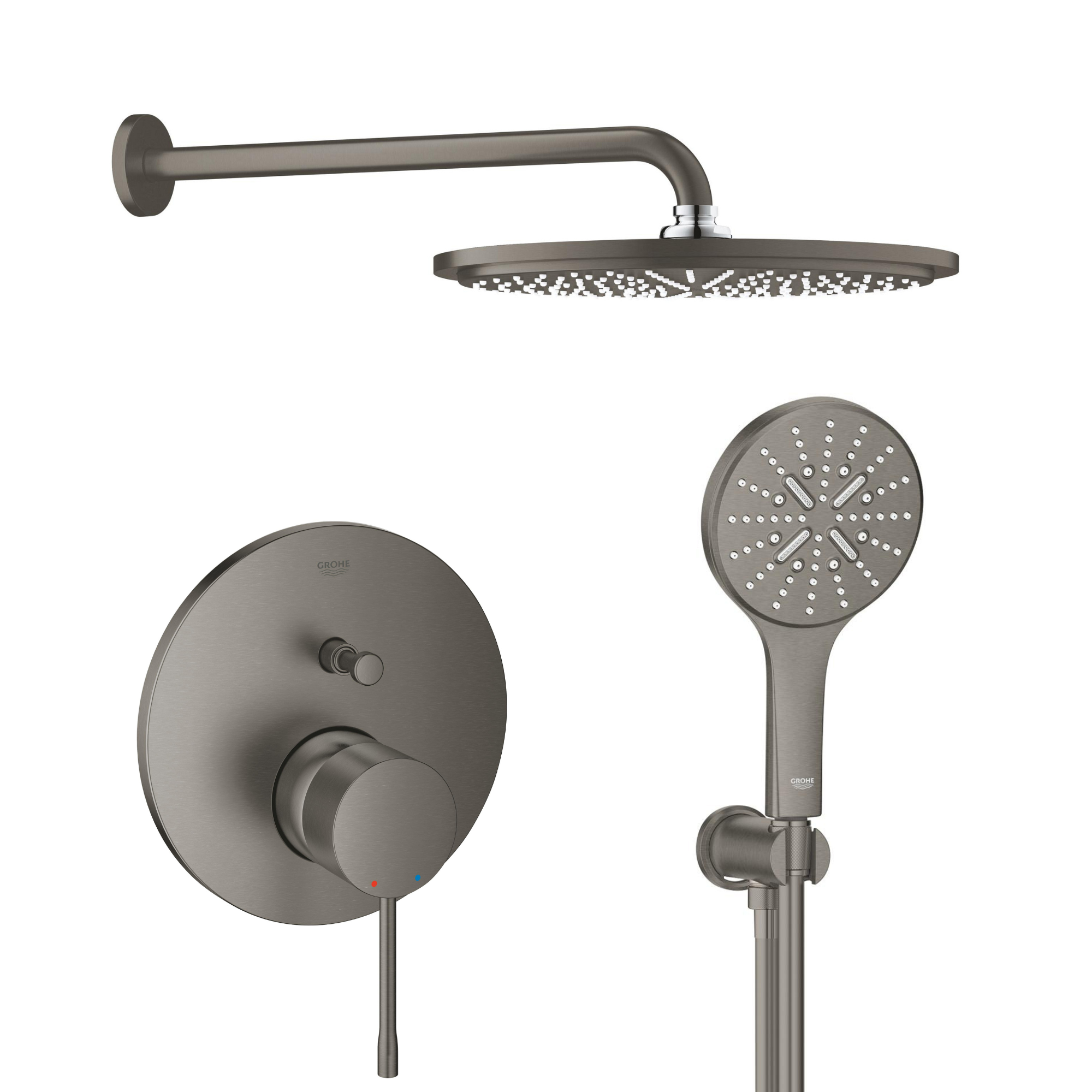 Set douche à effet de pluie avec bras Grohe Rainshower 26066AL0, mitigeur bain-douche Grohe Essence 24058AL1, 26574AL0, 26658AL0, 28362A01