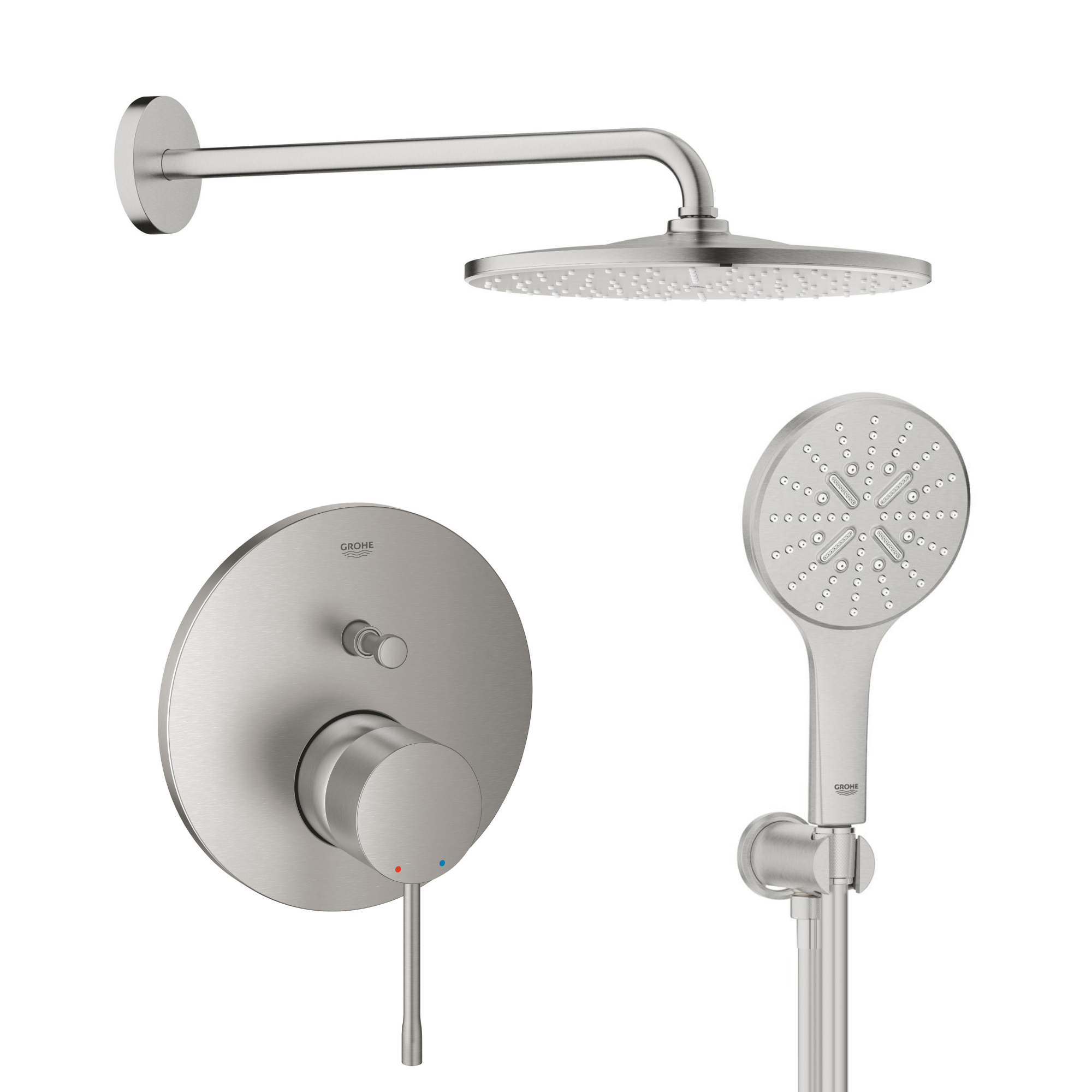 Set douche à effet de pluie avec bras Grohe Rainshower 26558DC0, mitigeur bain-douche Grohe Essence 24058DC1, 26574DC0, 26658DC0, 28362DC1