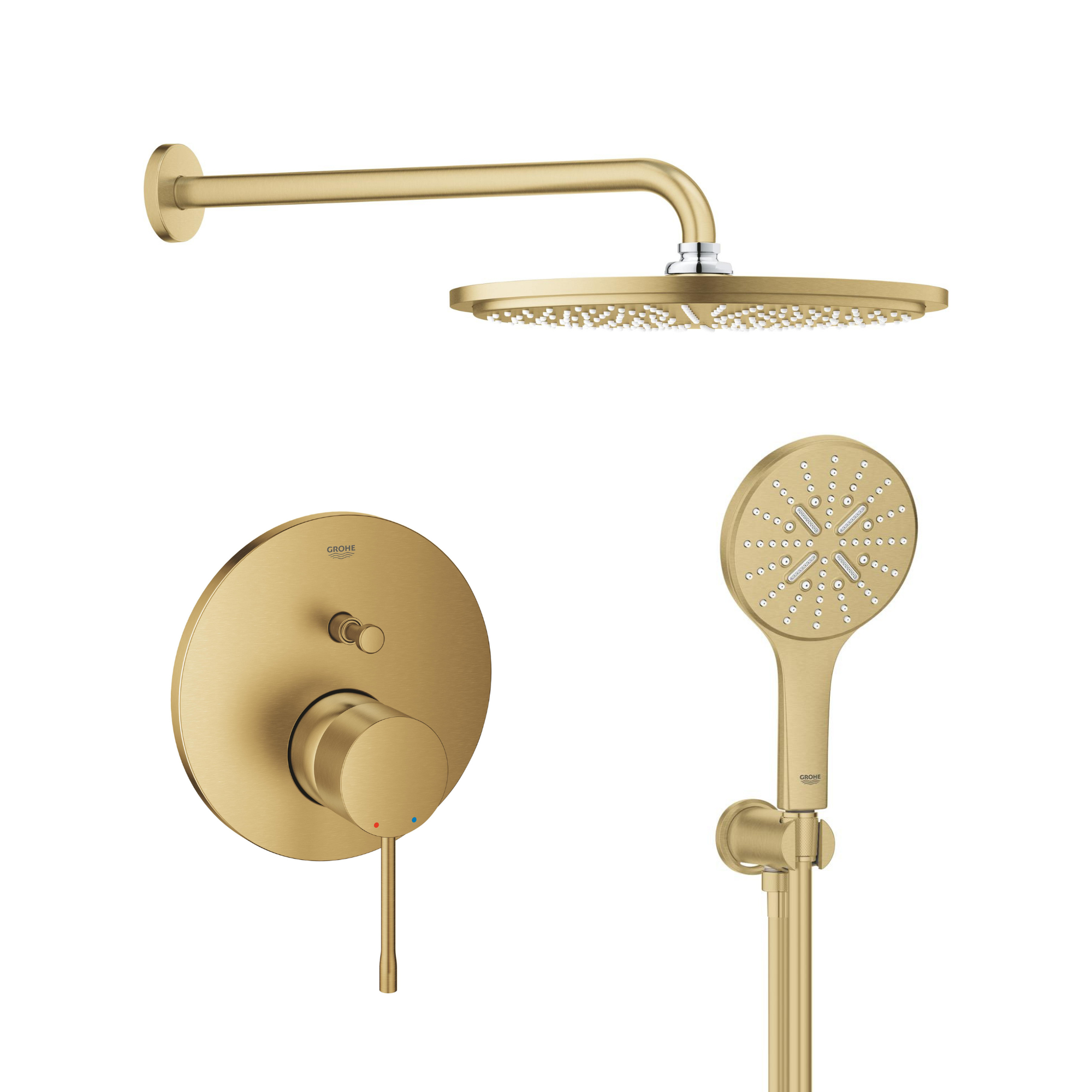 Set douche à effet de pluie avec bras Grohe Rainshower 26066GN0, mitigeur bain-douche Grohe Essence 24058GN1, 26574GN0, 26658GN0, 28362GL1