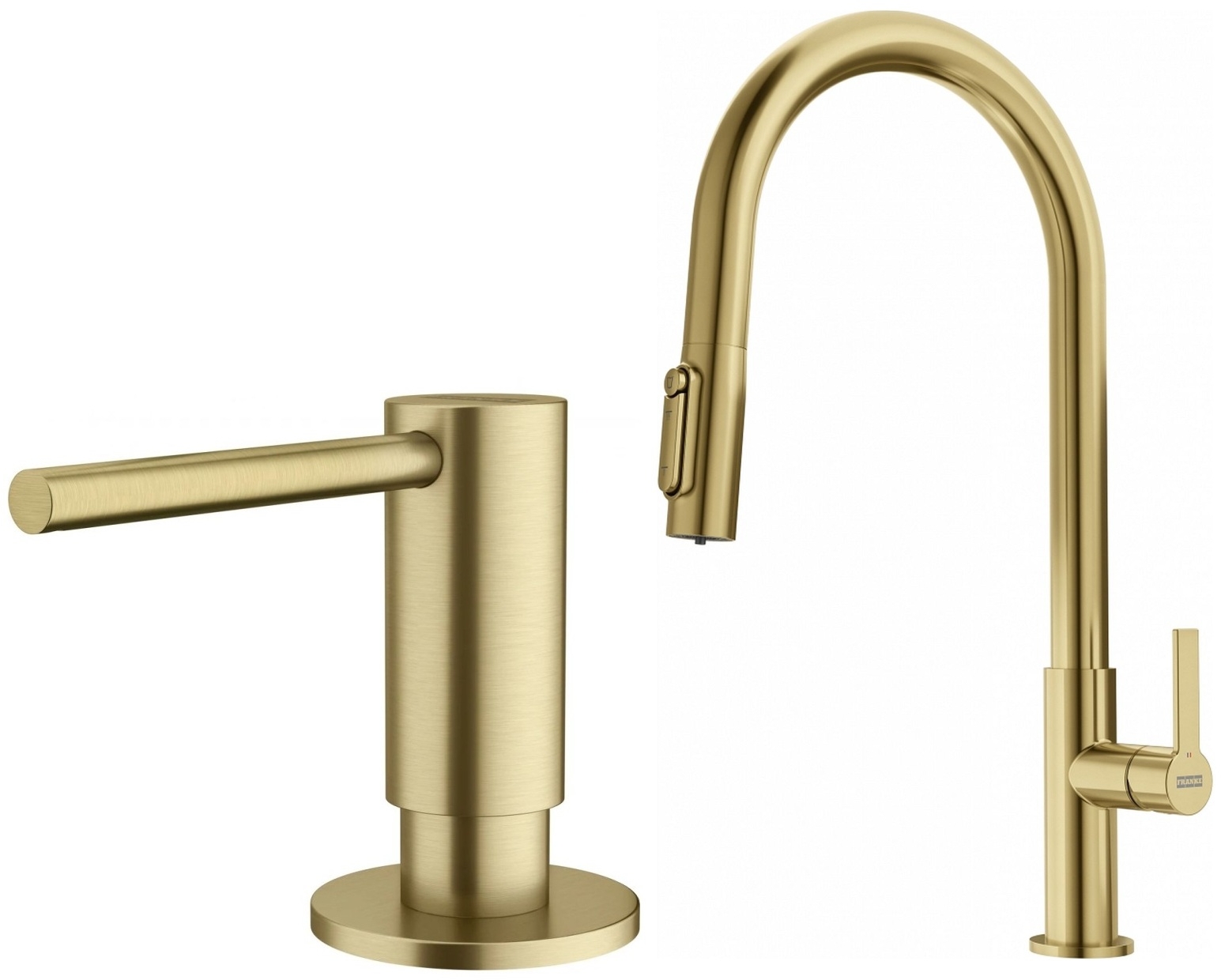 Set mitigeur de cuisine Franke Maris Slim Clear Water J Pull-Out 120.0736.601, distributeur de savon Franke Atlas 112.0717.105