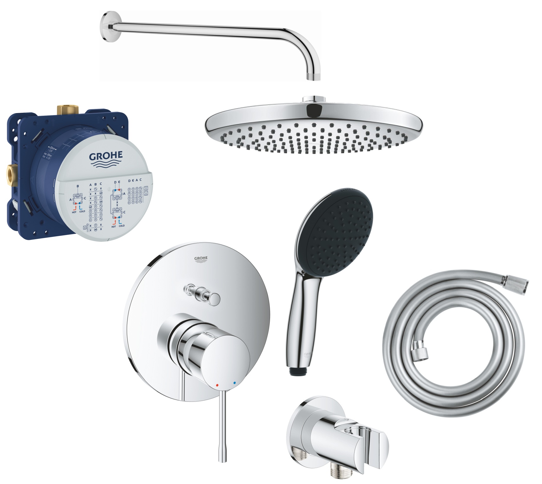 Set mitigeur bain-douche Grohe Essence 24058001, douche à effet de pluie Grohe Vitalio Start Shower System 26815000, 35600000, 27851000, 26962001, 27940001, 28741002
