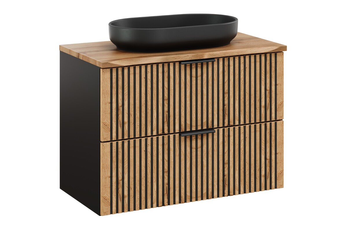 Set armoire Comad Xilo XILO BLACK WOTAN 82-80-D-2S, lavabo Comad River 2 RIVER 2 BLACK MATT UN 55 ( E-6594 ), NATURE WOTAN 89-80-46 M