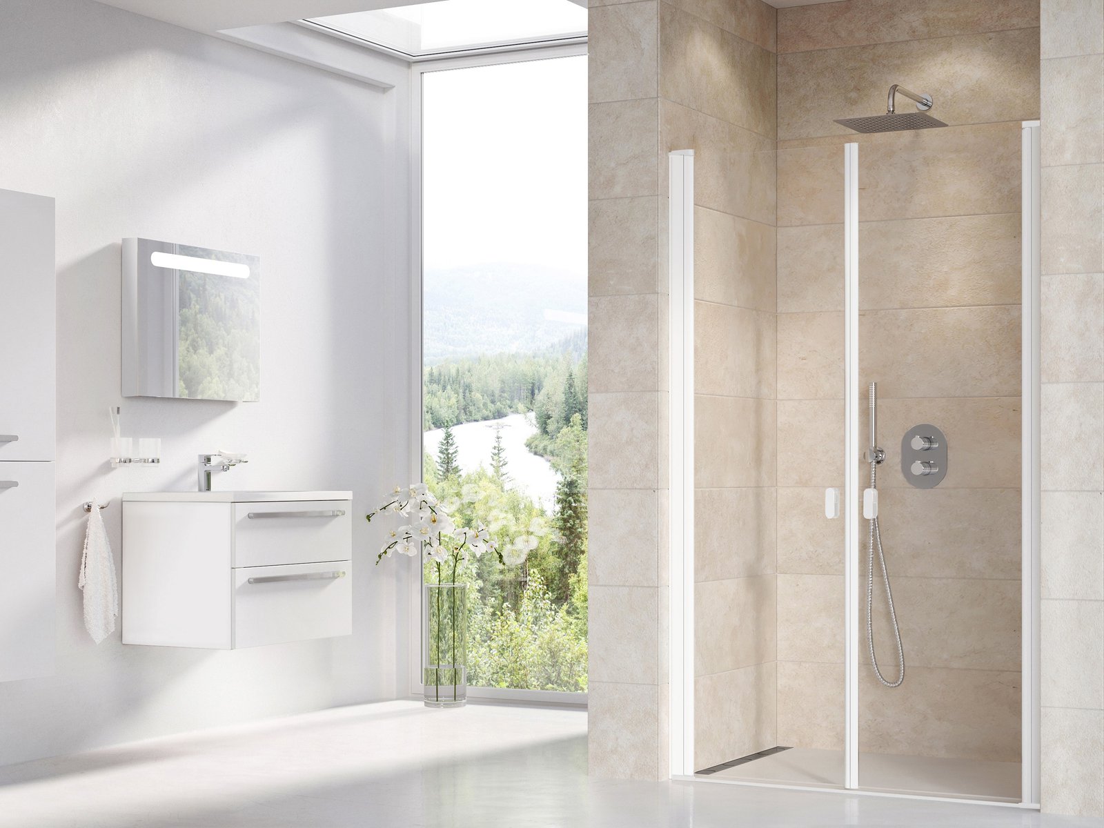 Ravak Chrome porte de douche 90 cm à ouverture basculante blanc mat/verre transparent 0QV7CE0LZ1