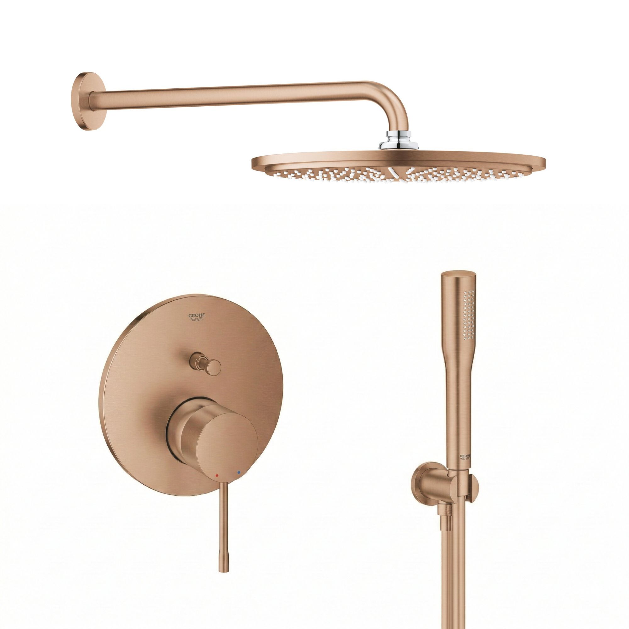 Set douche à effet de pluie avec bras Grohe Rainshower 26066DL0, mitigeur bain-douche Grohe Essence 24058DL1, 26658DL0, 27400DL0, 28388DA1