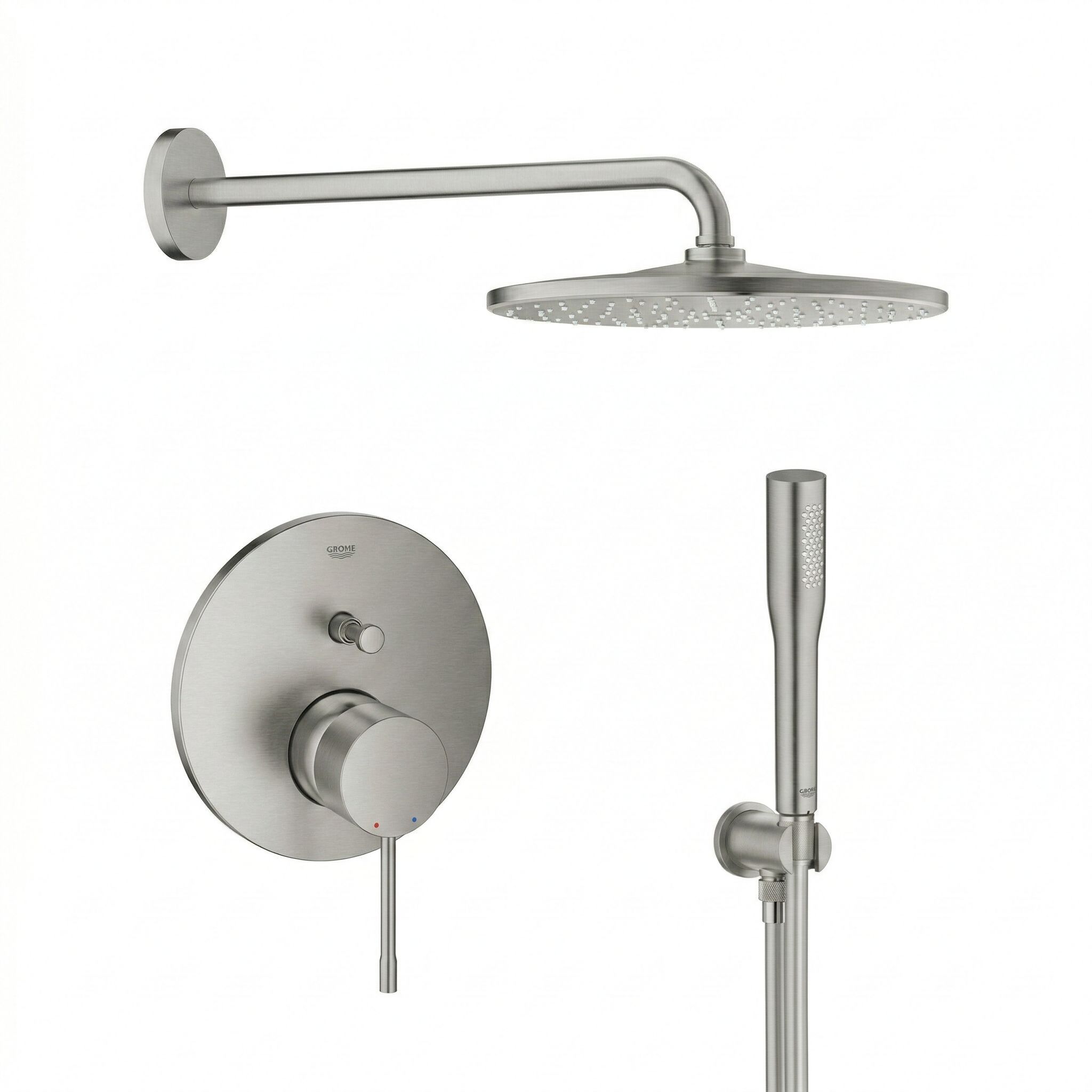 Set douche à effet de pluie avec bras Grohe Rainshower 26558DC0, mitigeur bain-douche Grohe Essence 24058DC1, 26658DC0, 27400DC0, 28362DC1