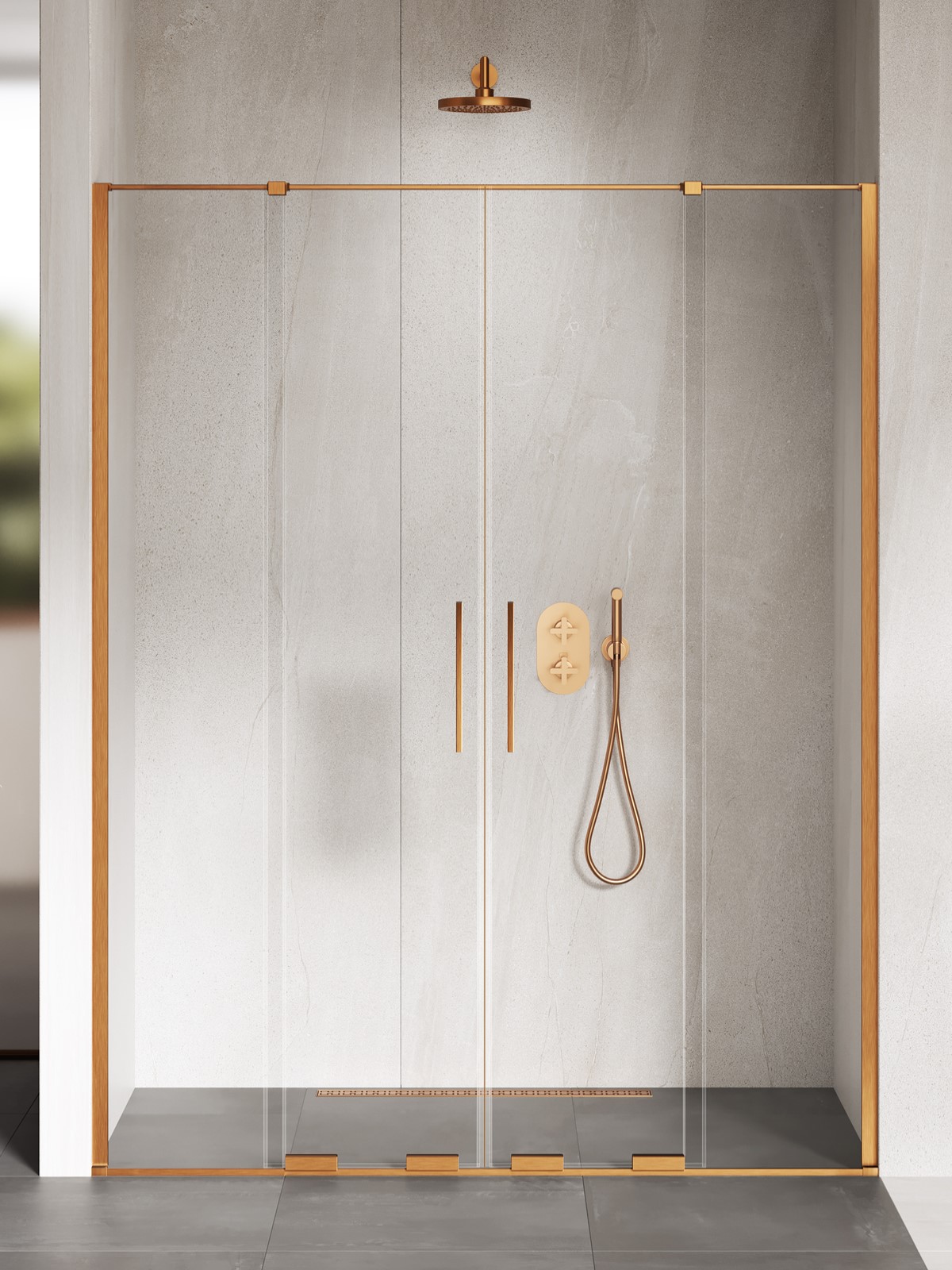 New Trendy Smart porte de douche 170 cm coulissant cuivre brossé/verre transparent EXK-7665
