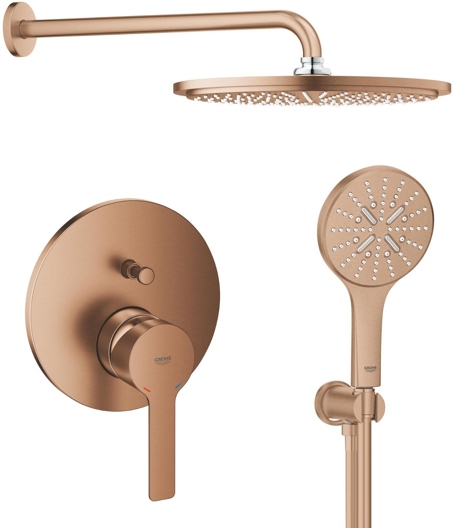 Set douche à effet de pluie avec bras Grohe Rainshower 26066DL0, mitigeur bain-douche Grohe Lineare 24064DL1, 26574DL0, 26658DL0, 28388DA1