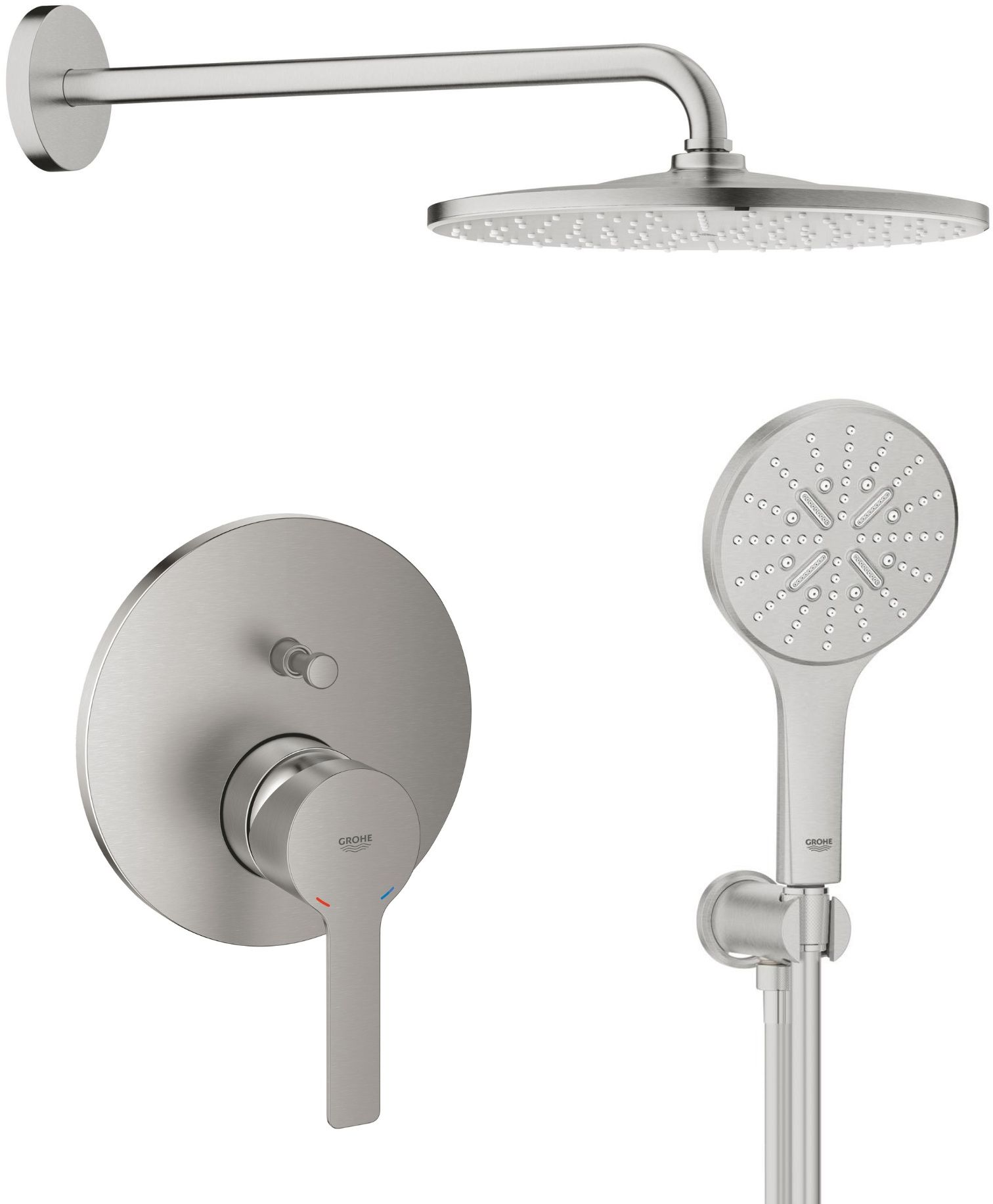 Set douche à effet de pluie avec bras Grohe Rainshower 26558DC0, mitigeur bain-douche Grohe Lineare 24064DC1, 26574DC0, 26658DC0, 28362DC1