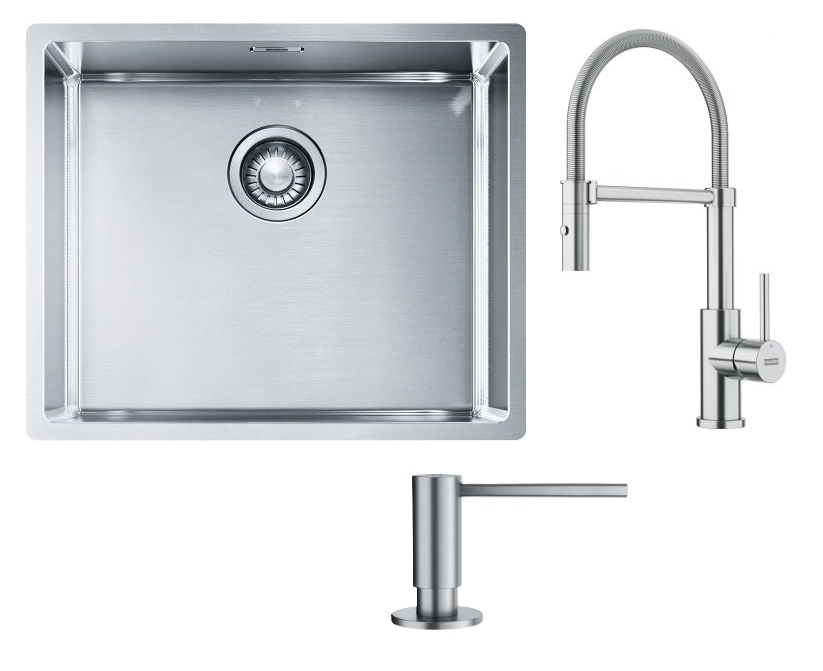 Set évier en acier inoxydable Franke Box 127.0453.656, mitigeur de cuisine Franke Smart Glenda 115.0747.475, 112.0717.084