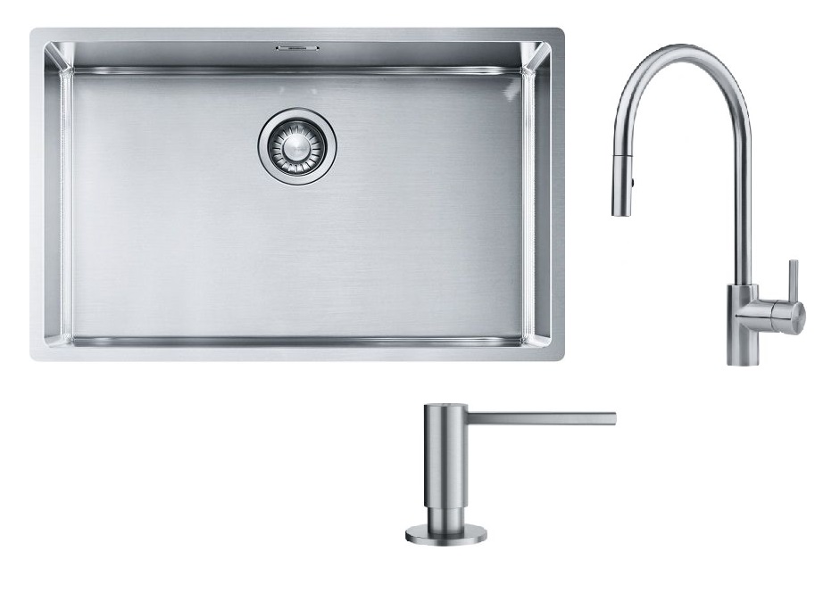 Set évier en acier inoxydable Franke Box 127.0453.658, mitigeur de cuisine Franke Eos 115.0590.045, 112.0717.084