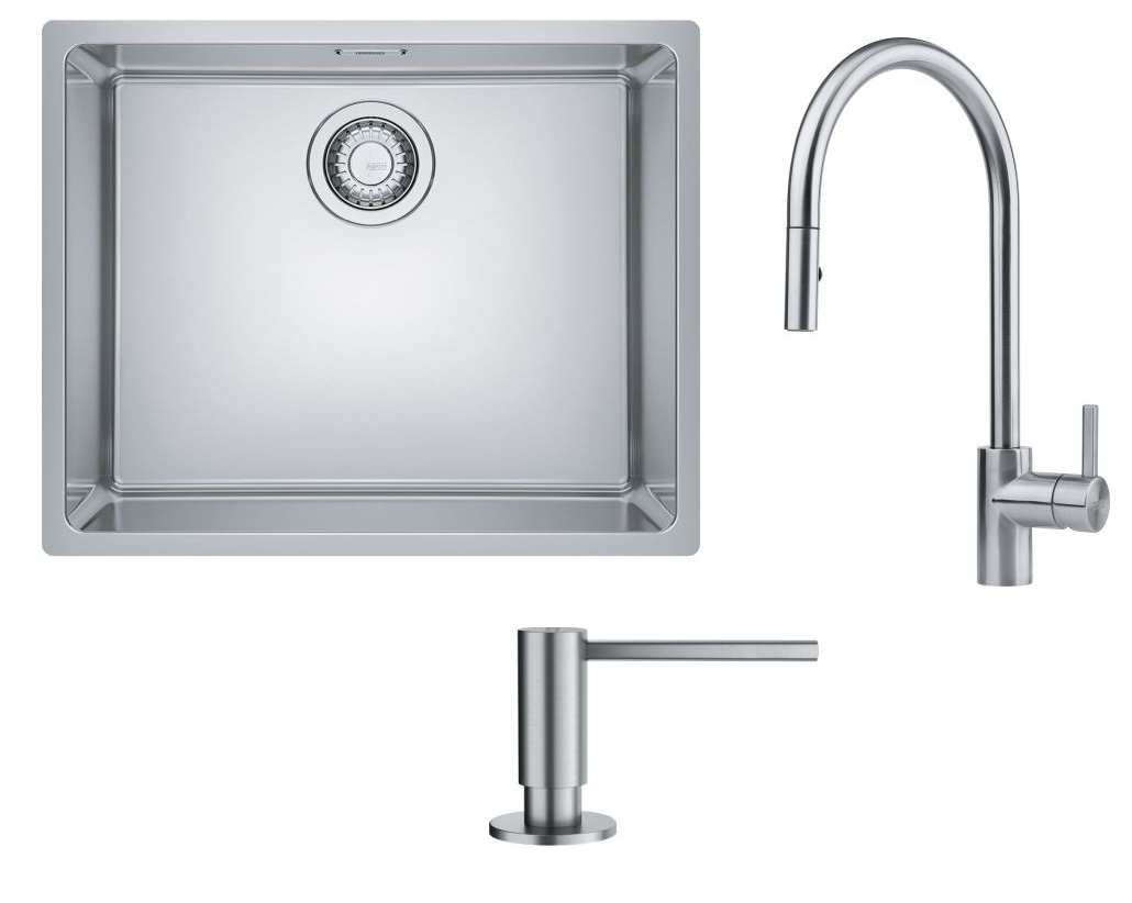 Set évier en acier inoxydable Franke Maris 122.0543.996, mitigeur de cuisine Franke Eos 115.0590.045, 112.0717.084