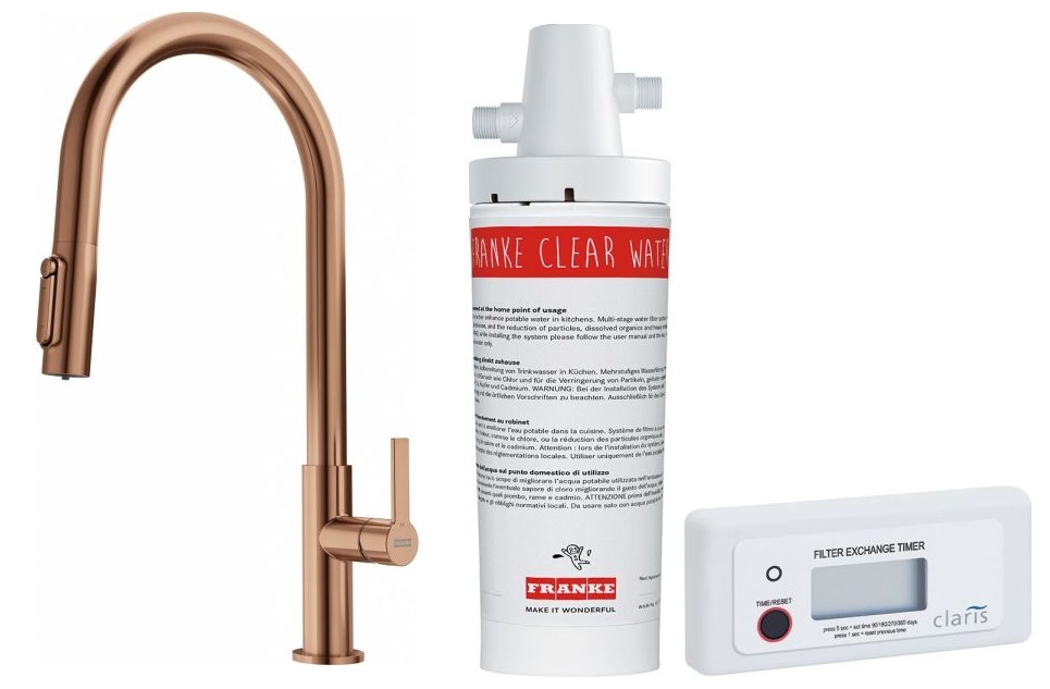 Set mitigeur de cuisine Franke Maris Slim Clear Water J Pull-Out 120.0736.602, filtre sous évier Franke Clear Water 133.0284.025