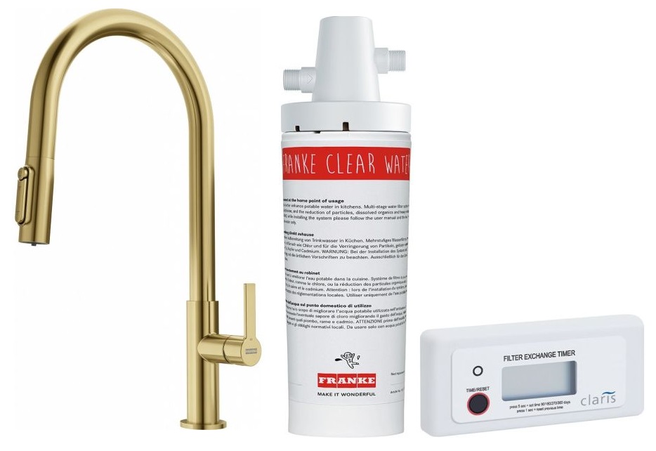 Set mitigeur de cuisine Franke Maris Slim Clear Water J Pull-Out 120.0736.601, filtre sous évier Franke Clear Water 133.0284.025
