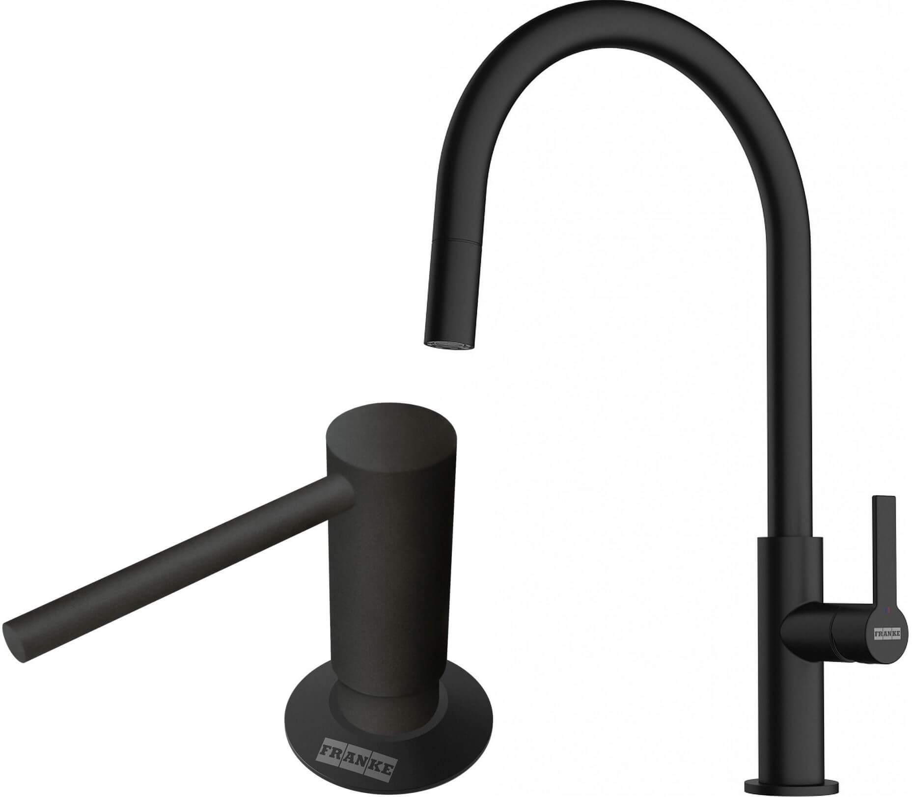 Set mitigeur de cuisine Franke Maris Slim J Pull-Out 115.0728.389, distributeur de savon Franke Comfort 112.0753.277