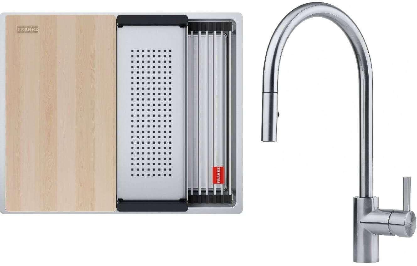 Set évier en acier inoxydable Franke Box 127.0749.858, mitigeur de cuisine Franke Eos 115.0590.045