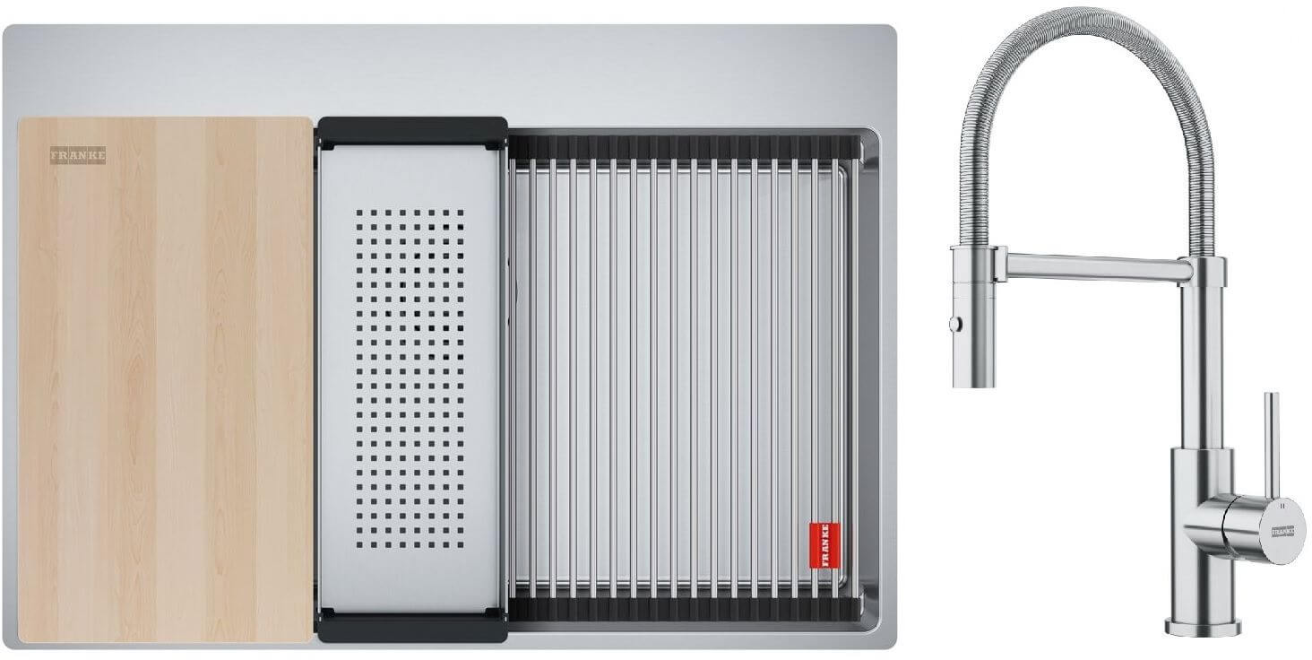 Set évier en acier inoxydable Franke Box 127.0749.857, mitigeur de cuisine Franke Smart Glenda 115.0747.475