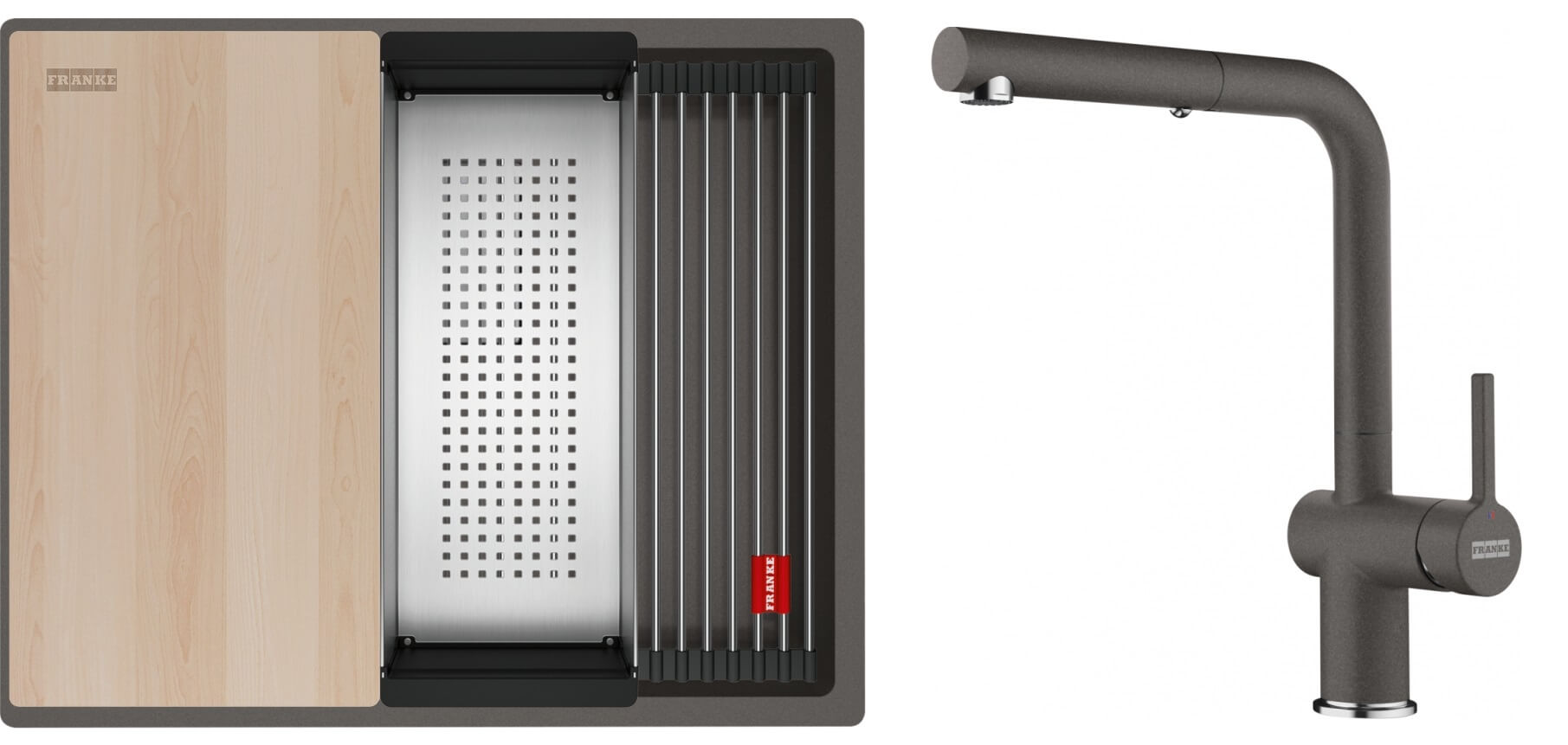 Set évier en granit Franke Kanon 125.0749.659, mitigeur de cuisine Franke Active L Pull-Out Spray 115.0721.464