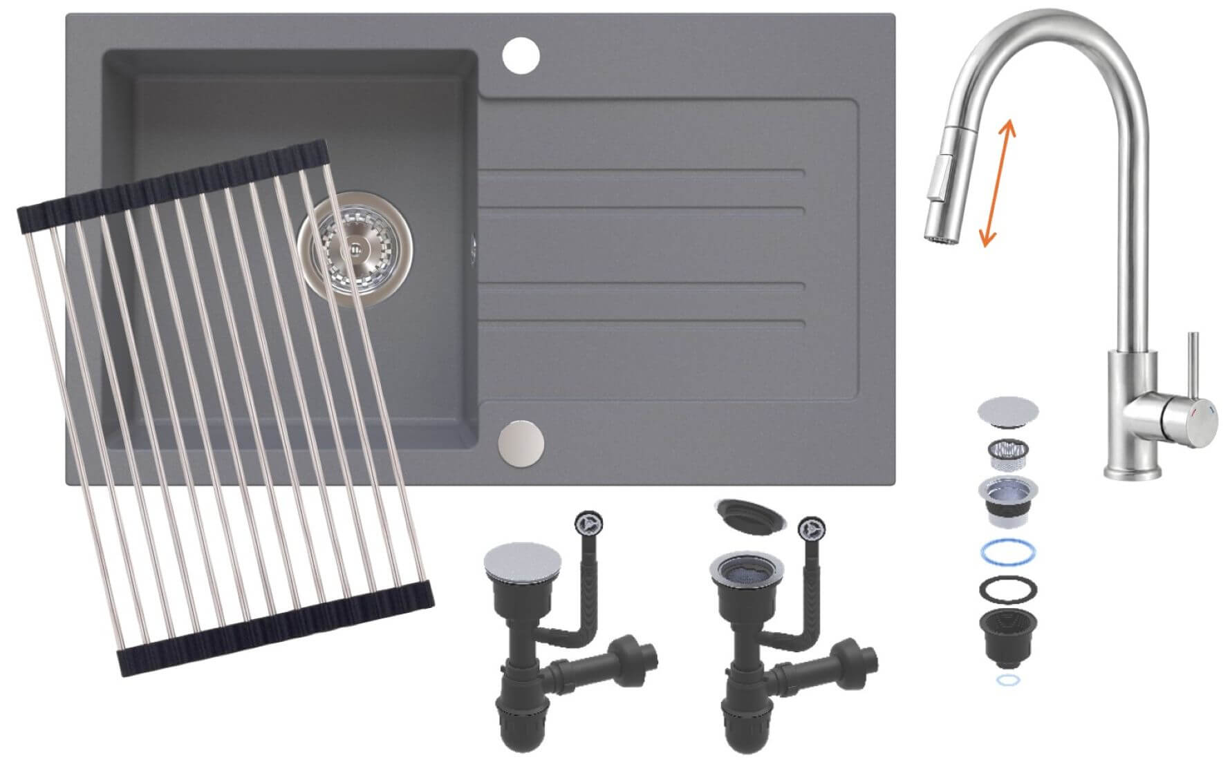 Ruvetti Idelo évier avec mitigeur et accessoires gris/acier KG_IDELO160_GR_KORR-BS