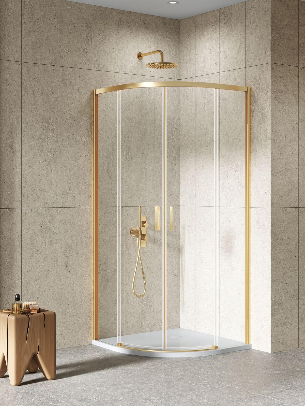 New Trendy cabine de douche 80x80 cm semi-circulaire doré brossé/verre transparent K-3588