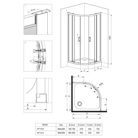 Set cabine de douche Deante Funkia KYP_451K, receveur de douche semi-circulaire Deante Standard New KTA_053B