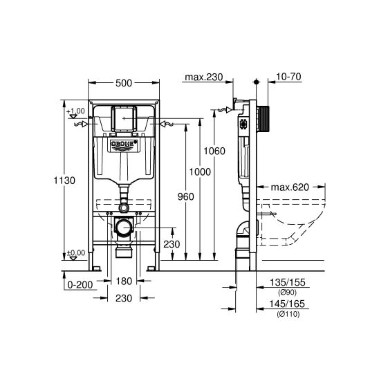 Set châssis encastré Grohe Rapid SL 38539001, bouton de chasse d'eau Grohe Skate 38506000